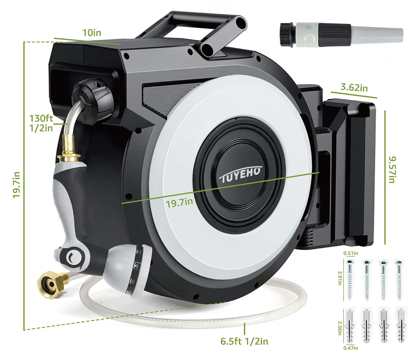 Tuyeho Retractable Garden Hose Reel 130 FT, Wall Mount Heavy Duty Water Hose Reels with Automatic Slow Rewind System, Outdoor Hoses Reel with 2 Hose Nozzles for Garden Watering, Car Wash, Pet Shower
