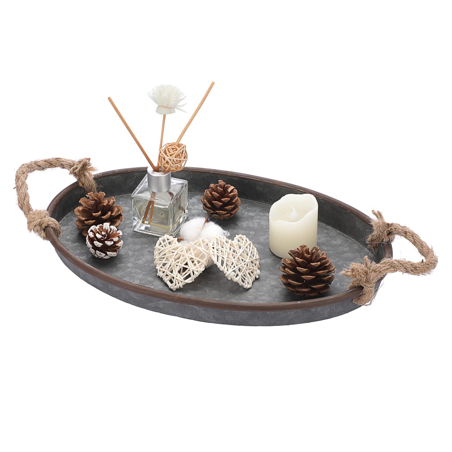 Hipiwe Galvanized Metal Iron Oval Tray with Rope Handle Farmhouse Serving Tray Rustic Industrial Decorative Centerpiece for Coffee Table Weddings and Parties Decor,Small