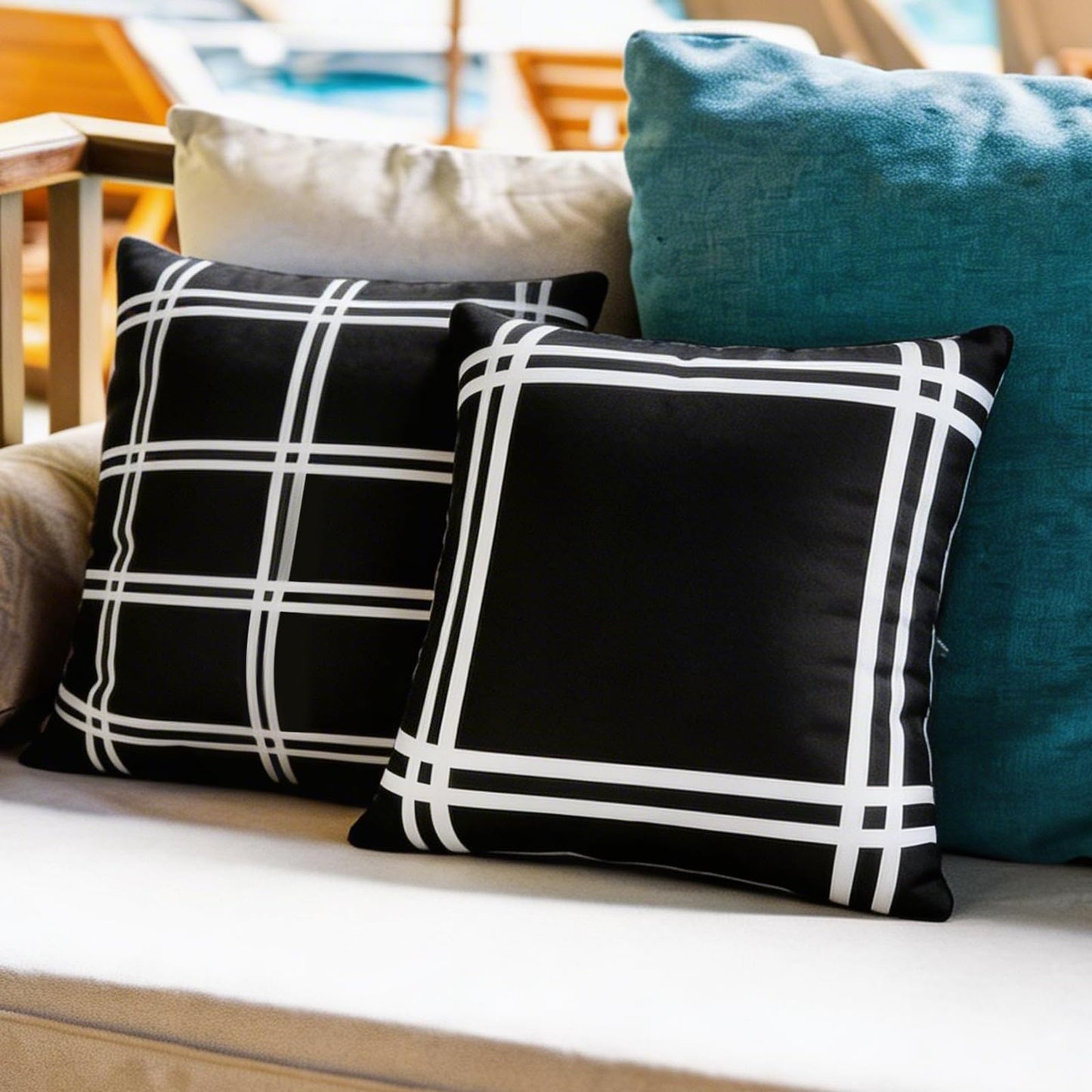 Adabana Pack of 2 Outdoor Waterproof Plaid Throw Pillow Covers Farmhouse Decorative Black Tartan Outdoor Pillow Covers for Patio Furniture Beach Chair 18x18 inch, Black