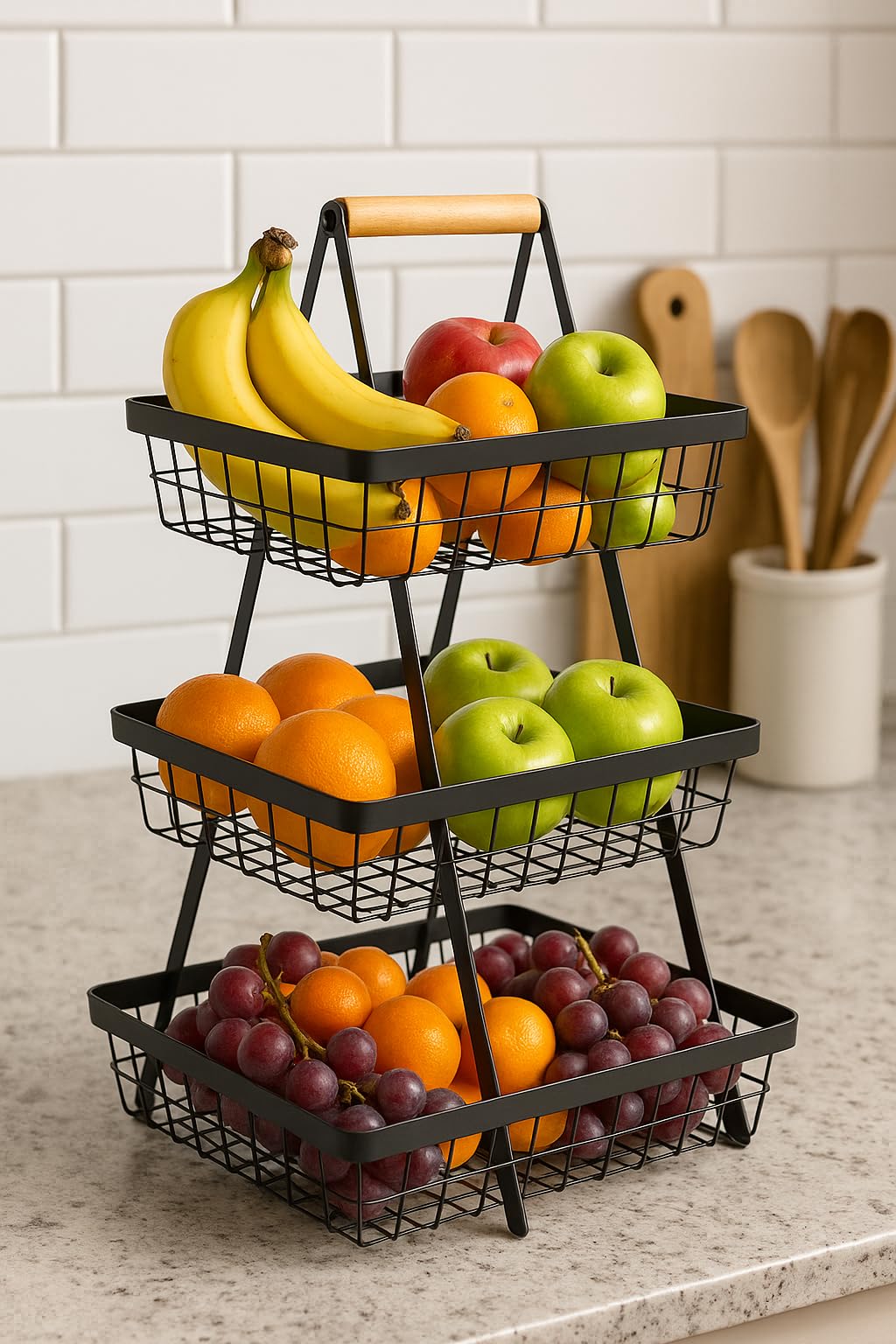3-Tier Kitchen Countertop Storage Basket with Wooden Handles Perfect for Fruits, Snacks & Bread