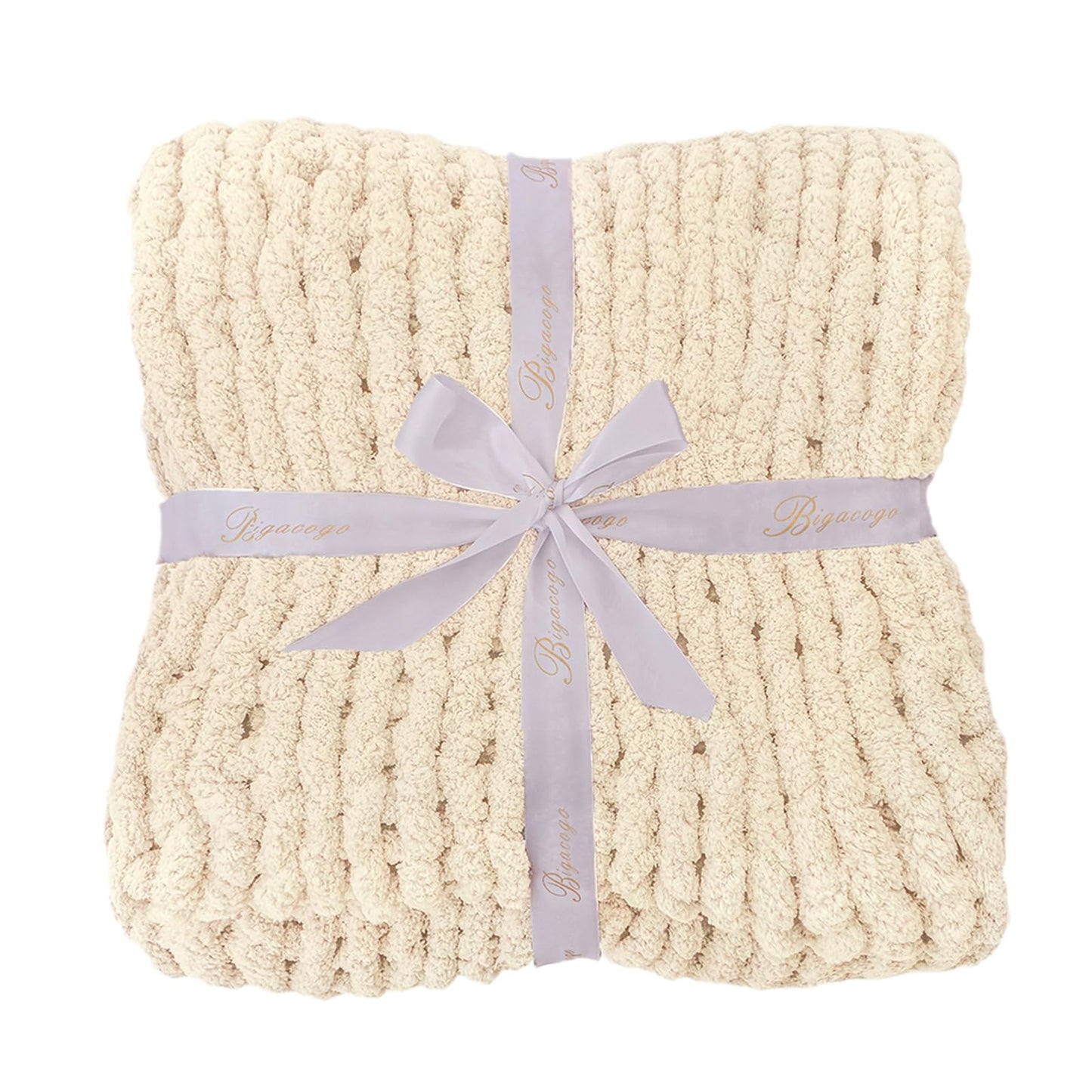 Bigacogo Chunky Knit Throw Blanket for Couch, 40x60 inches, 100% Hand Knitted with Thick Jumbo Chenille Yarn, Cozy Soft Large Rope Knot Cable Crochet Blankets for Sofa Bed Living Room, Beige