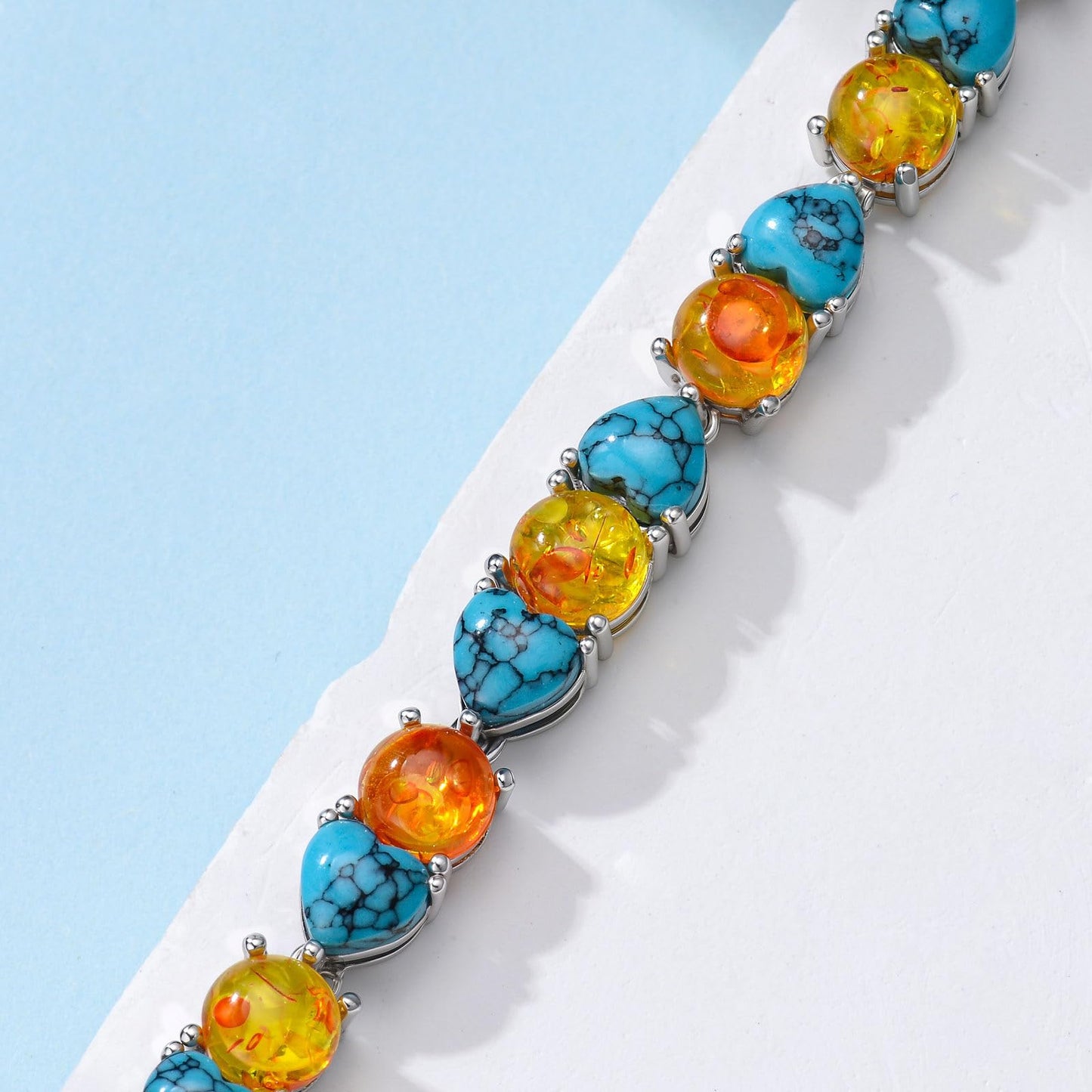 PEIMKO 925 Sterling Silver Full Stone Textured Turquoise Amber Tennis Bracelet White Gold Plated Jewelry Gift for Women Mothers