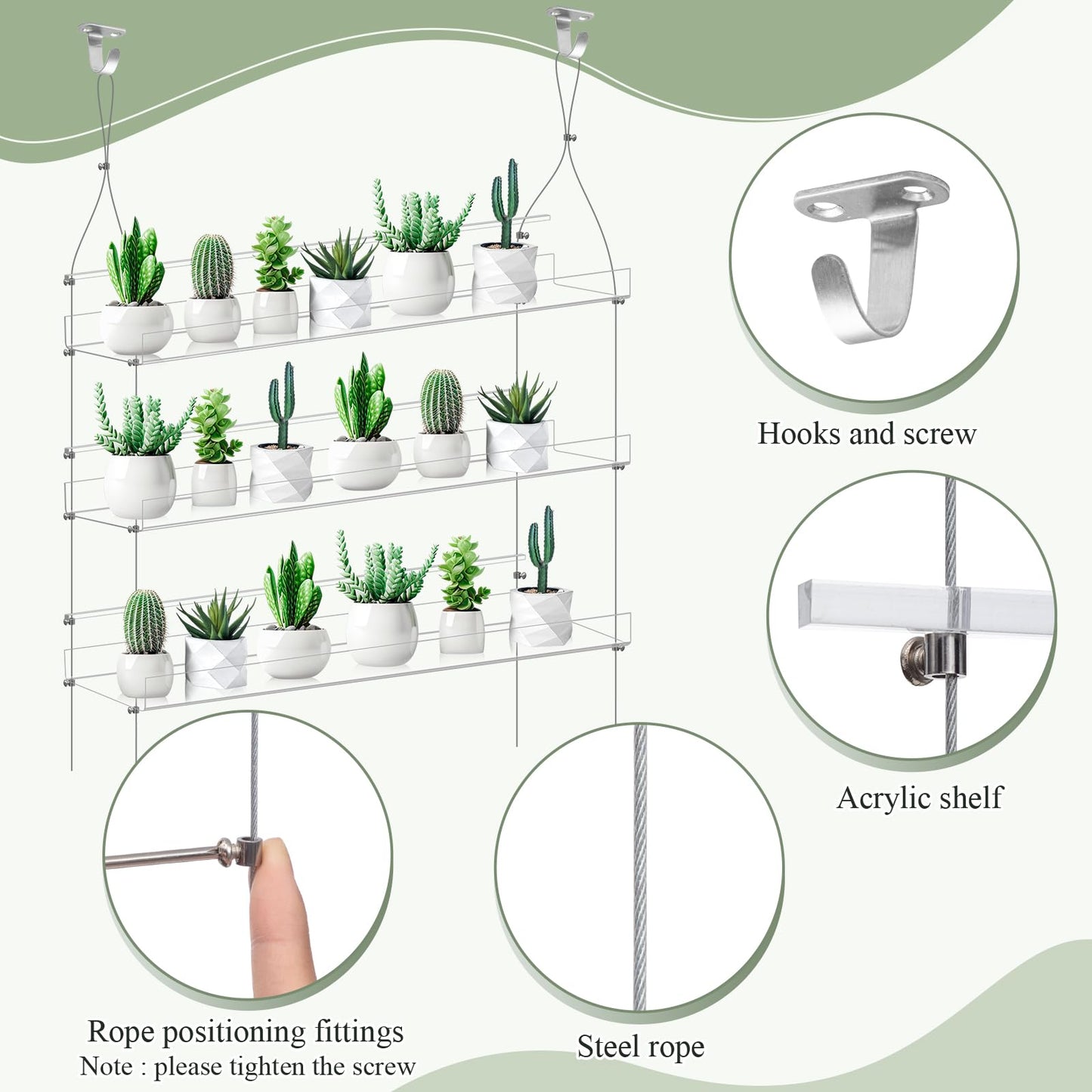 Ziliny 2 Pcs 28 Inch 3-tier Clear Hanging Window Plant Shelves Acrylic Height Adjustable Plant Stand Hanger Flower Pot Organizer Storage for Indoor Window Wall Garden Grow Herb Succulent