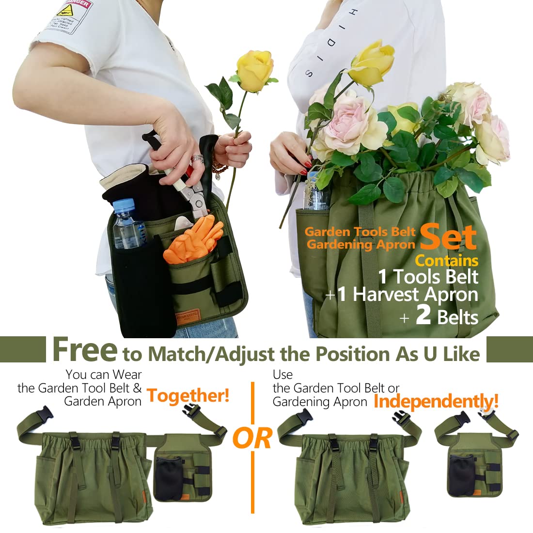Gardening Apron Garden Tool Belt Set for Women with Pockets - Practical Gardening Belt Garden Aprons for Women, Perfect Gardening Gifts for Women, Best Mother’s Day Gift for Mom and Wife