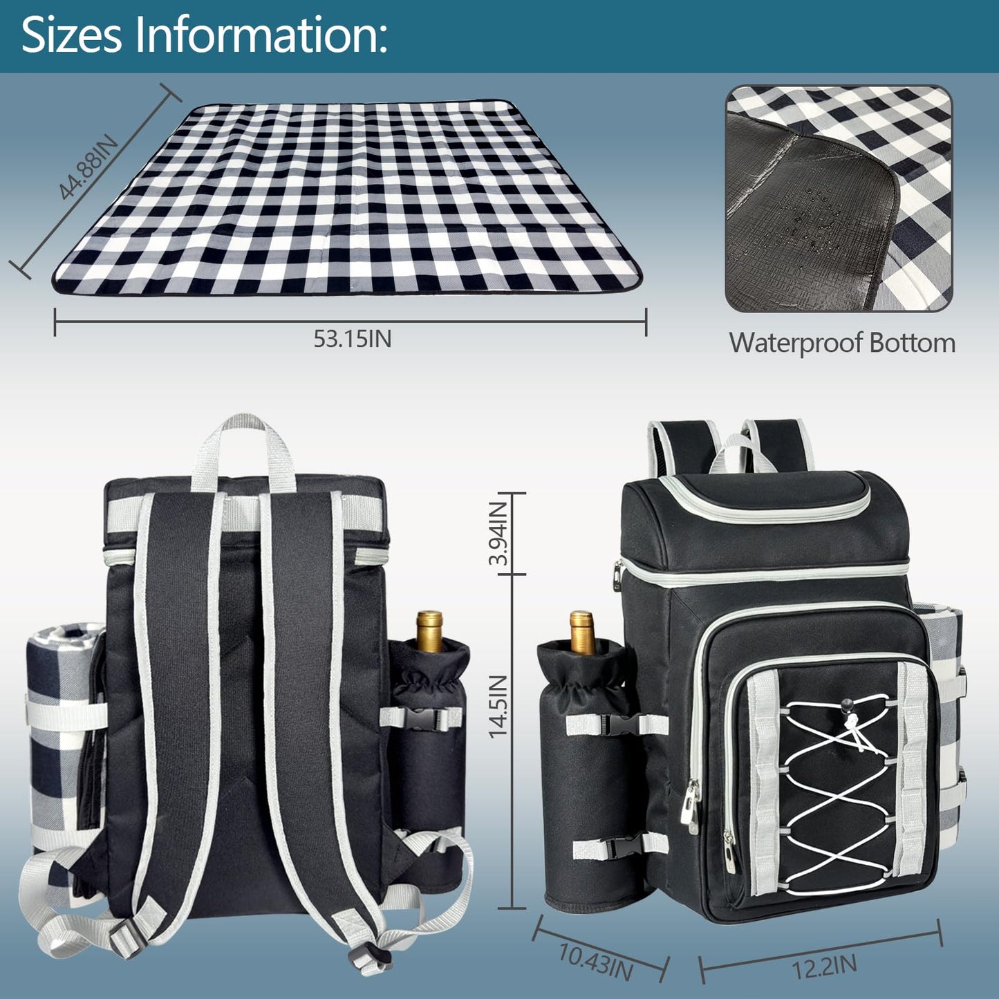 Hap Tim Picnic Basket Backpack for 4 Person with Blanket, Insulated Leakproof Cooler Compartment, Wine Holder, Cutlery Set, Engagement Gifts for Couples, White Elephant Gift Ideas, Black (36221-DG)