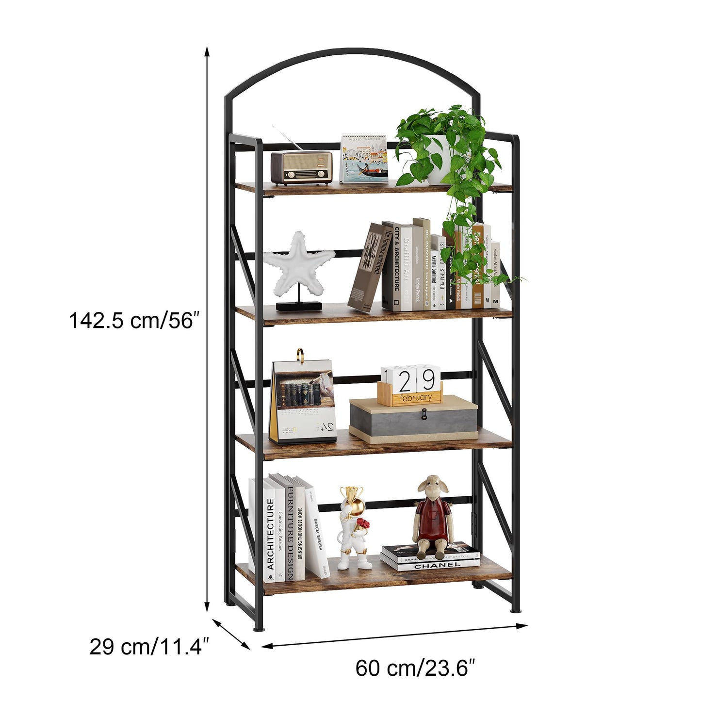 BHG Arched Bookshelf 4 Tier Shelf Storage Organizer Bookcase,No Assembly Folding Book Shelf for Living Room,Bedroom Home Office Rack Bookhelves