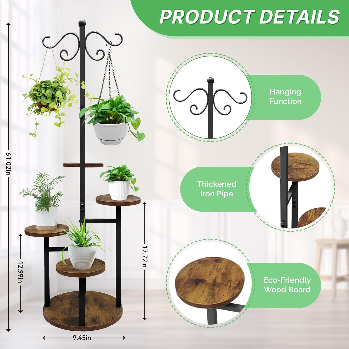 Plant Stand Indoor Outdoor, 4 Tier Hanging Plant Stands, Multiple Plant Display Rack Flower Pot Stand,61'' Tall Metal Plant Holder for Living Room Balcony Garden Patio Black