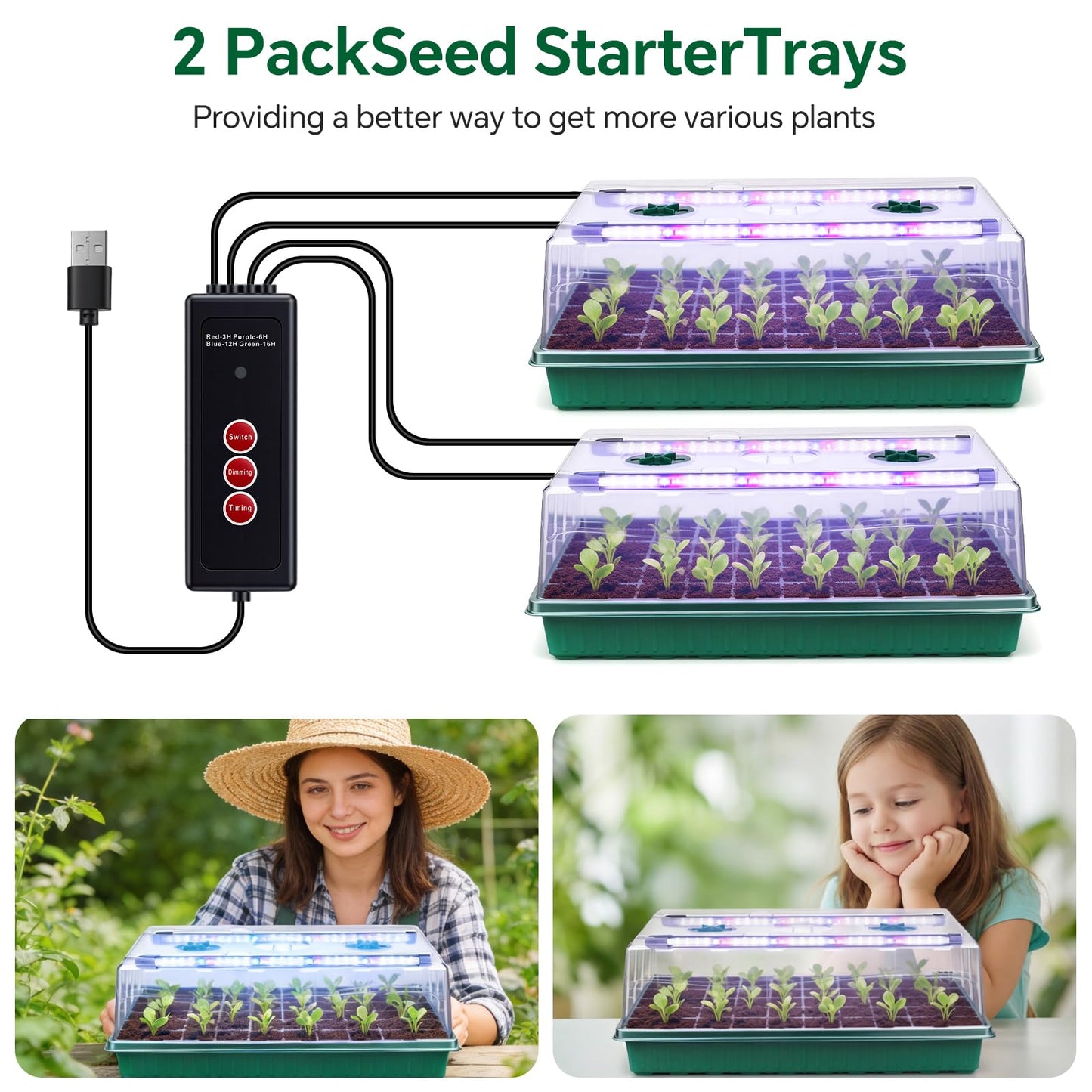 VPQZUPG 2 Pcks Seed Starter Tray 120 Cells Seed Starter Kit with Grow Light, Seed StartingTrays for Seed Seedling Planting Starter, Mini Greenhouse Plant Germination Trays
