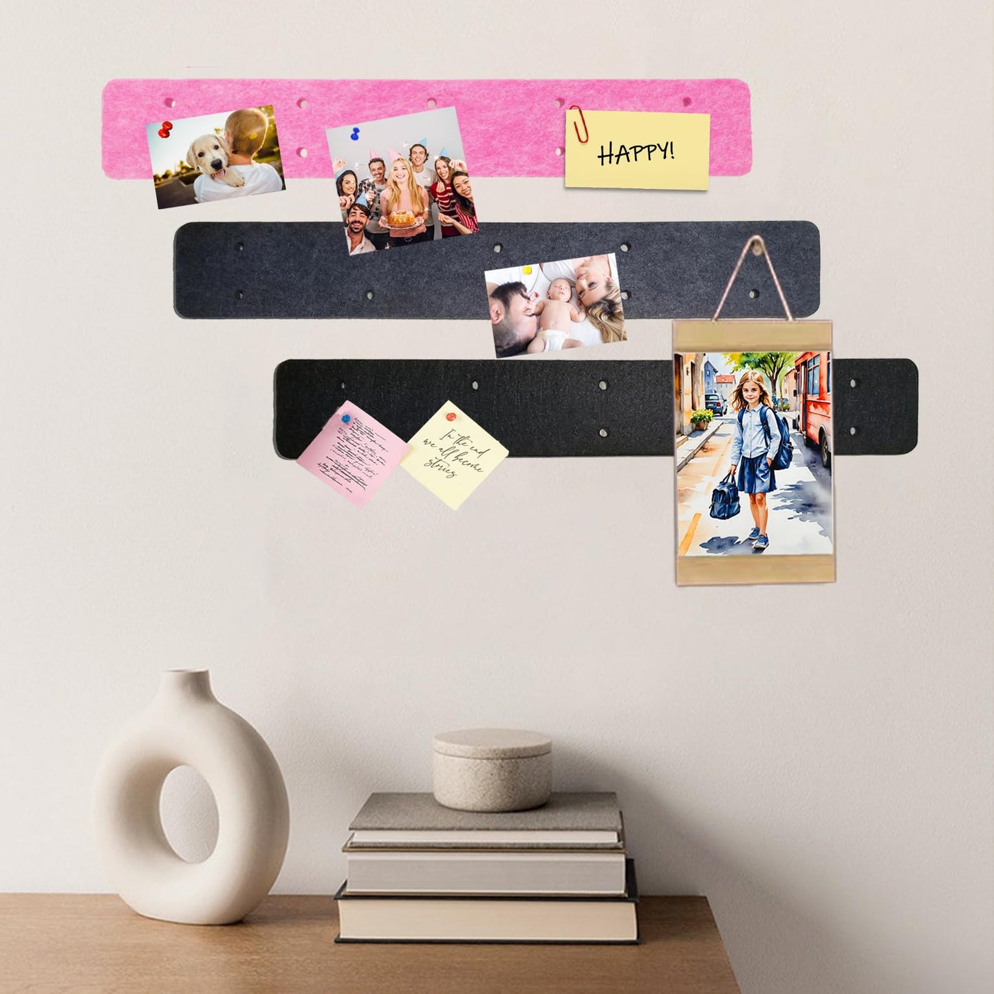 Small Felt Pin Boards Memo Board Pegboard Bar Strips, Self-Adhesive Cork Board for Walls Home Office Decor, Felt Bulletin Boards for Jewel, Notes, Photos with 20 Wooden Dowel Pins, Pink, 6 Pack
