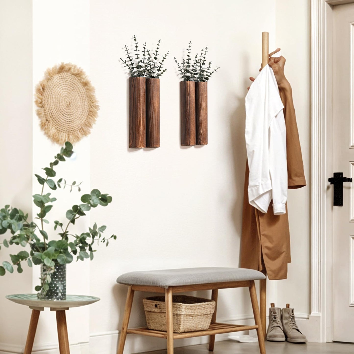 Fttoyoly Wood Wall Planter with 20 pcs Artificial Eucalyptus, Modern Decor for Living Room Bedroom Bathroom Entryway, Farmhouse Boho Wall Vases for Dried Flowers and Faux Plants - 4 Pack