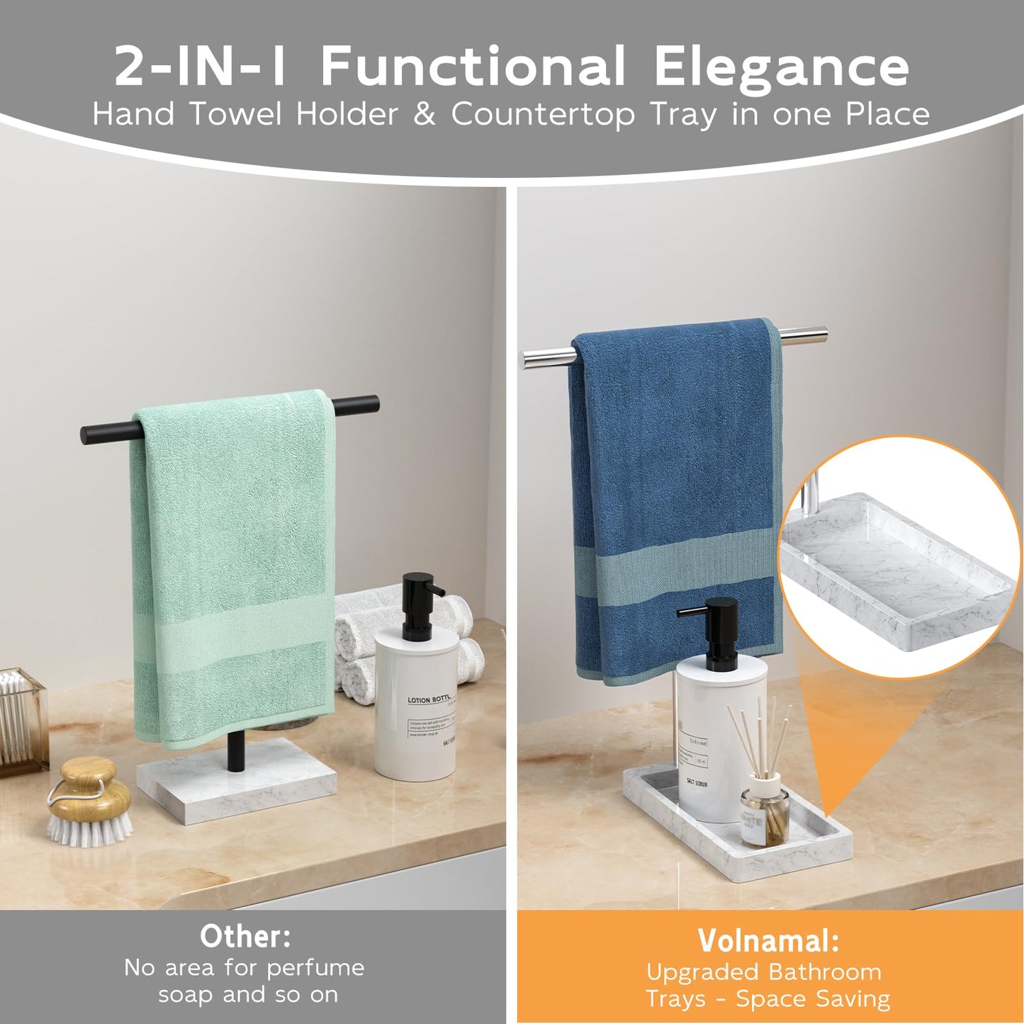 Volnamal Hand Towel Holder, 2 in 1 T-Shape Hand Towel Stand for Bathroom with Marble Base Tray, Hand Towel Rack Standing for Vanity Kitchen Countertop, Stainless Steel (Brushed)