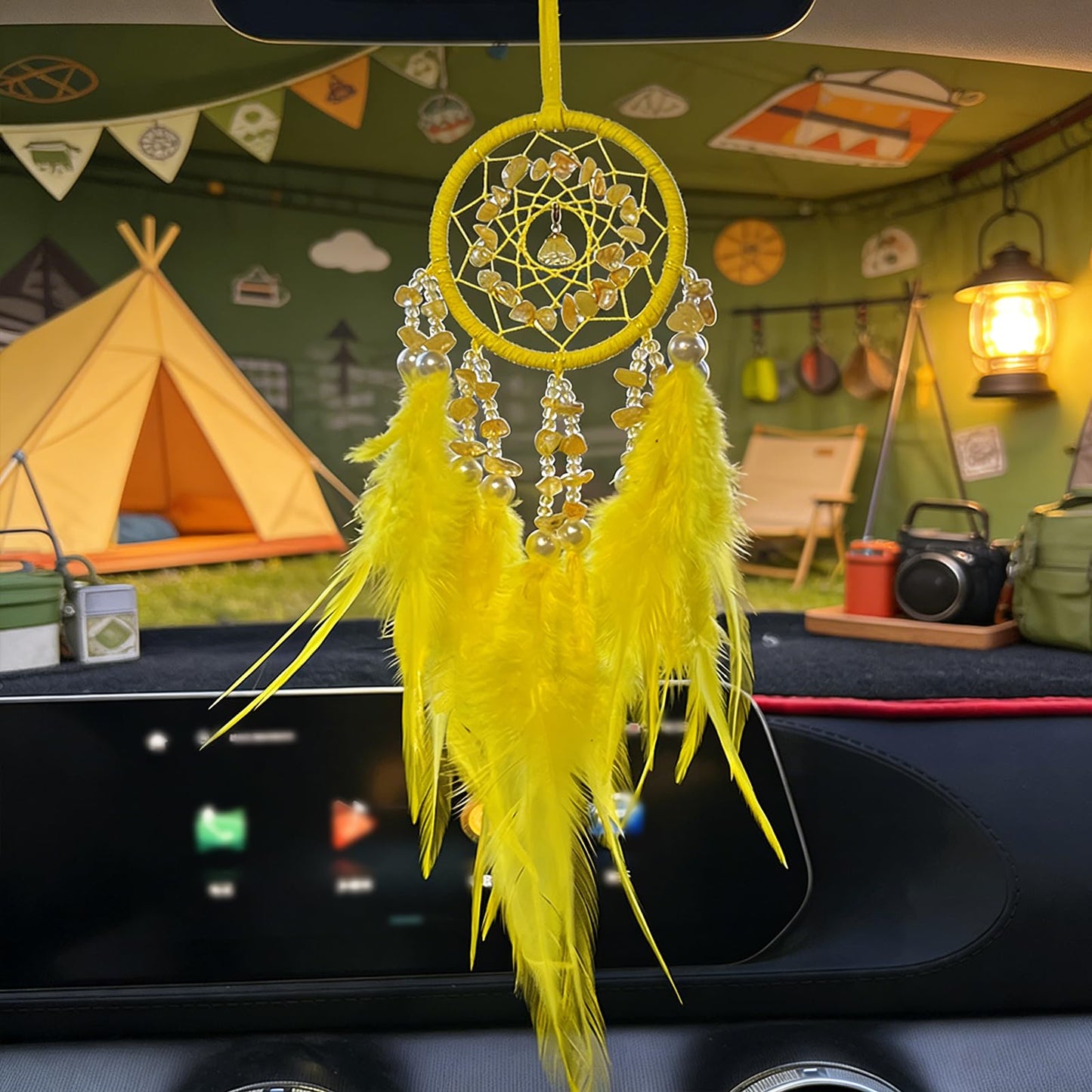 Small Dream Catcher for Car Handmade Boho Hanging Decor for Car Interior Rear View Mirror Feathers Dream Catchers Charms Ornament(Yellow)