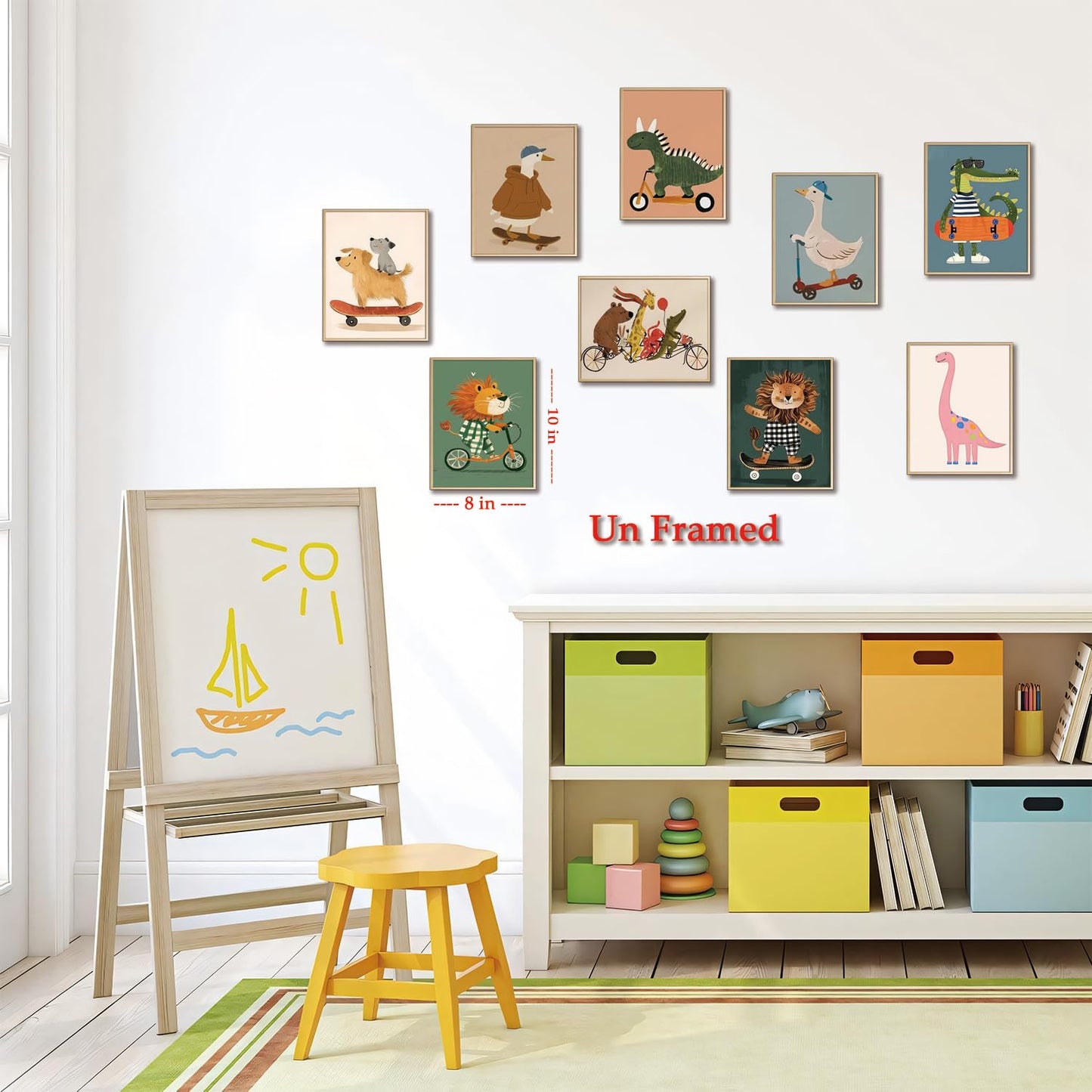 SAMHOU Kids Room Wall Art Set of 9, Funny Cute Cartoon Animal Canvas Prints, Nursery Wall Decor Paintings for Boys Girls Bedroom Baby Room Playroom Classroom Decoration 8x10 Inch Unframed