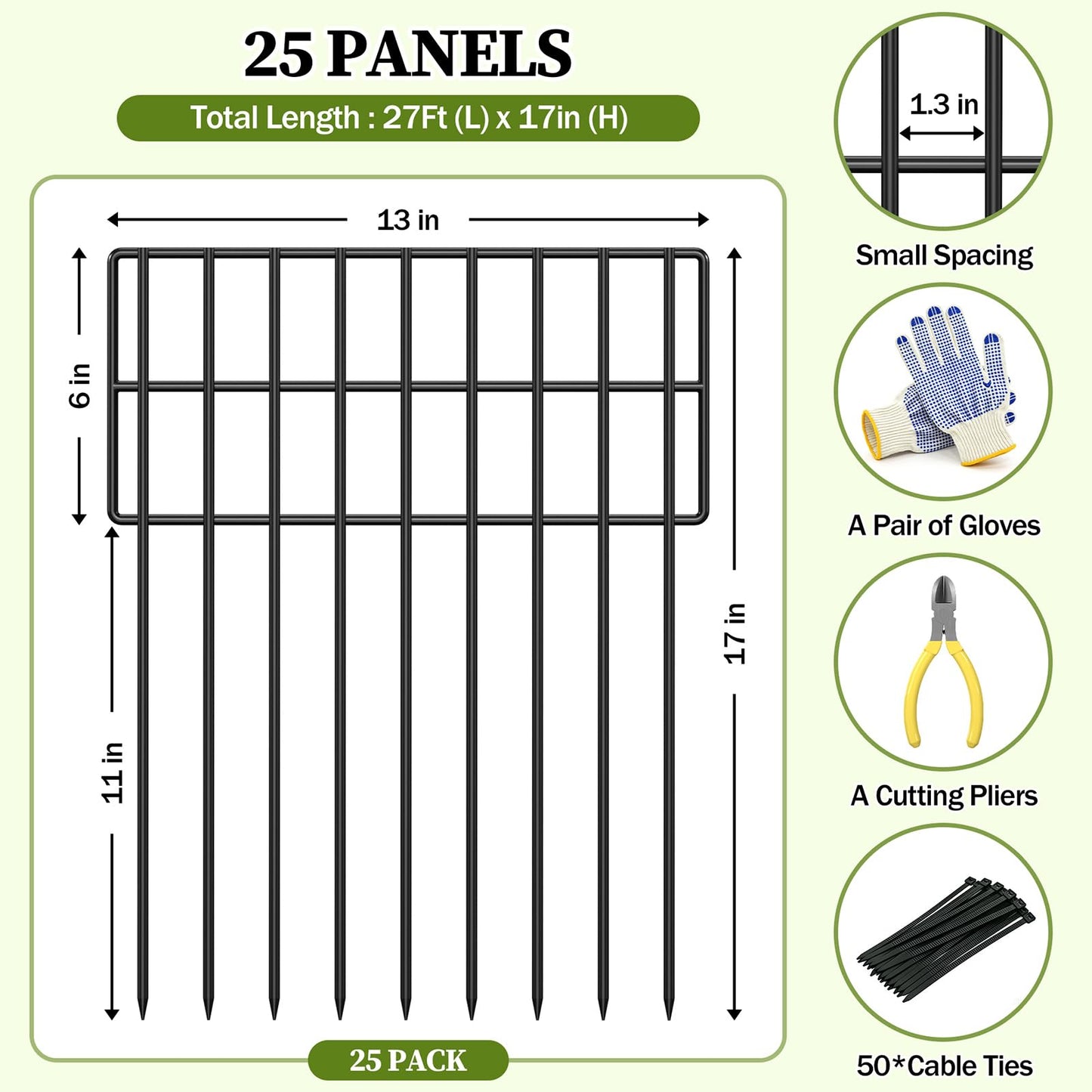 17in (H) x 27ft (L) Garden Fence Animal Barrier, 25 Panels Decorative Garden Fence Border, No Dig Garden Fence Panels, 1.3in Gap Rustproof Metal Stakes, Ground Defense Border Fence for Outdoor, Yard