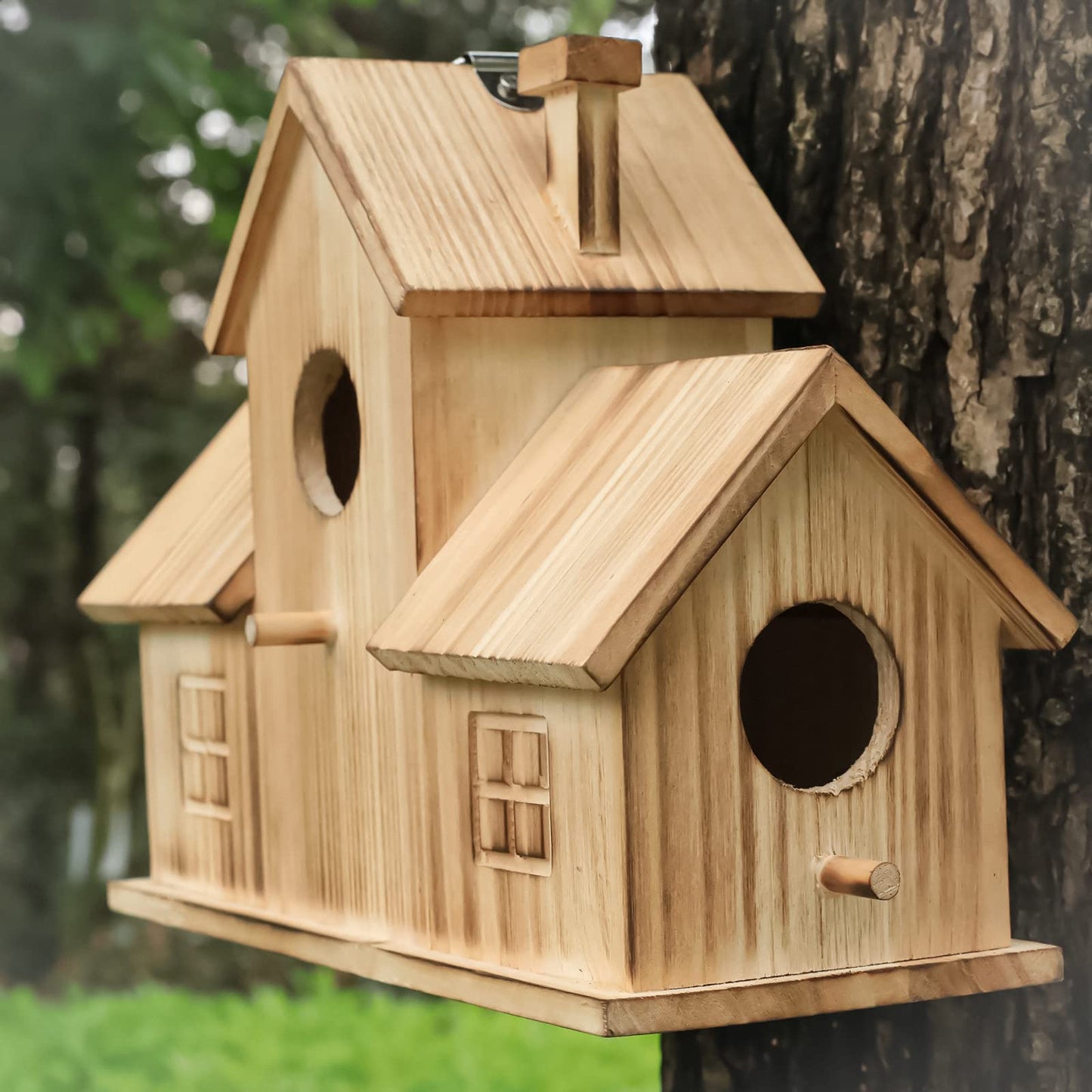 STARSWR Bird Houses for Outside,Outdoor 3 Hole Bird House Room for 3 Bird Families Bluebird Finch Cardinals Wooden Hanging Birdhouse for Garden