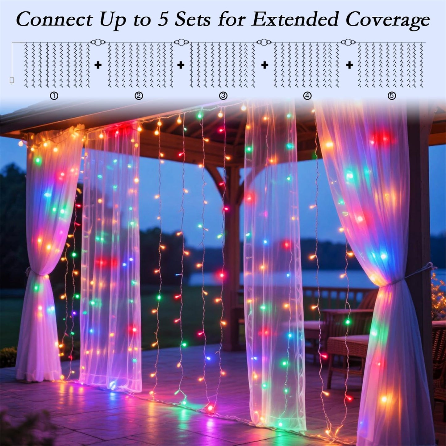 Soagrc 200 LED Rainbow Curtain String Lights 9.8 * 6.6FT Plug in Fairy with Timer and 8 Modes, Waterproof Window Wall Lights for Bedroom Wedding Party Indoor Outdoor Christmas Decor