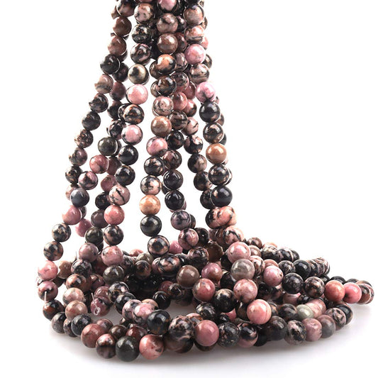 ICAI Beads 10mm Natural Pink Black Rhodonite Gemstone Round Loose Stone Beads for Jewelry Making DIY Crafts Design 1 Strand 15" APPR.34-36pcs