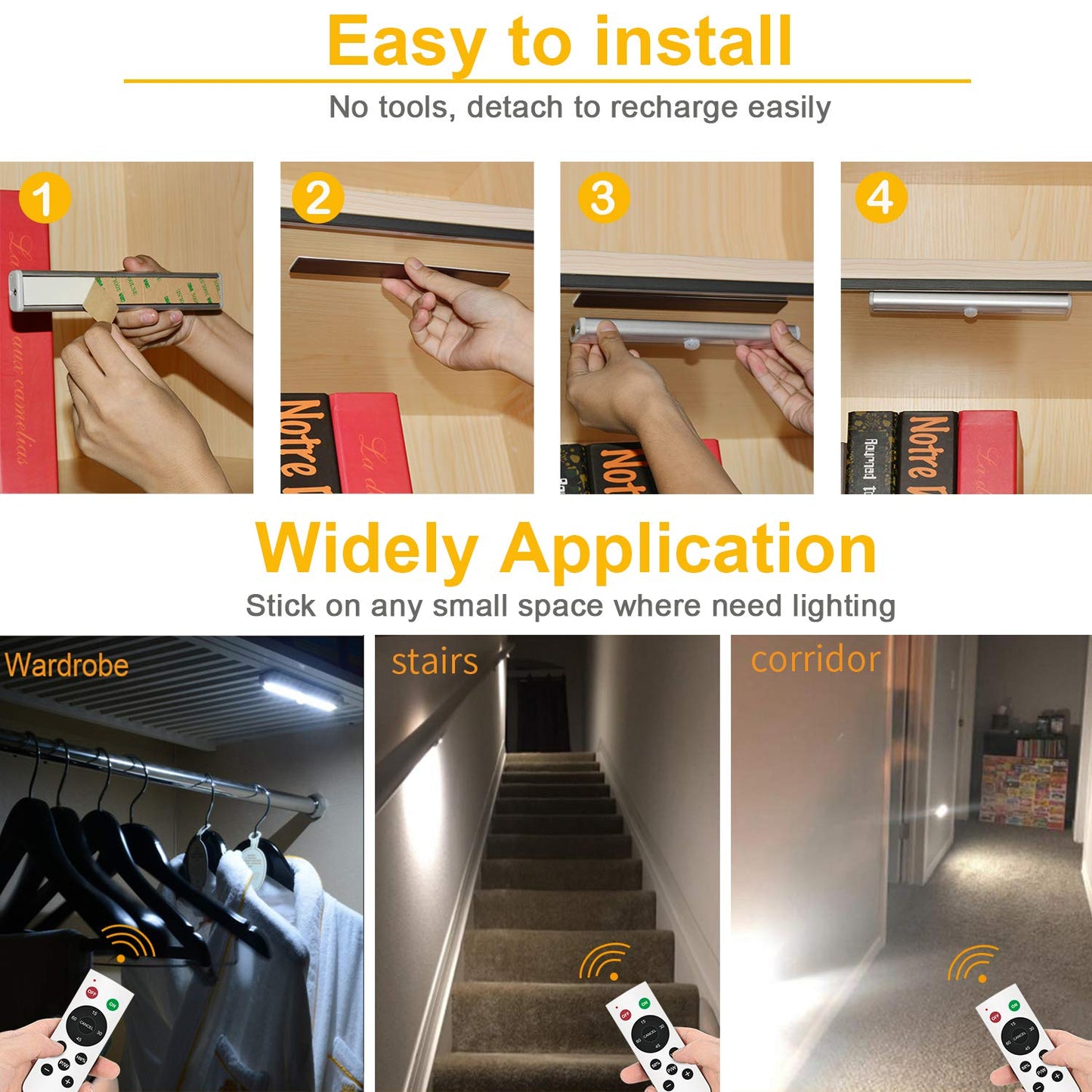 Remote Control Under Cabinet Lighting Wireless 6 Pack, 20-LED Dimmable Closet Lights Rechargeable Under Counter Light, Stick on Touch Night Light Strip Bar for Kitchen Stairway Bedroom, 3 Colors
