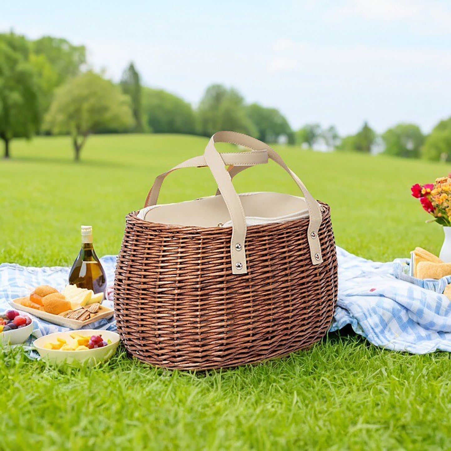Wicker Insulated Picnic Basket, Natural Willow Hamper Empty Basket with Insulated Cooler Bag and Lid for Camping Outdoor Easter
