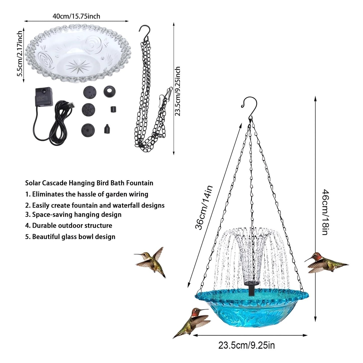 2026 Solar Cascade Hanging Bird Bath Fountain Solar Powered Birdbath Water Fountain Pumps Dispenser Outdoors Decor Hummingbird Bath Shower Bowl Kit Garden Gift Yard Patio Backyard Decoration (Blue)