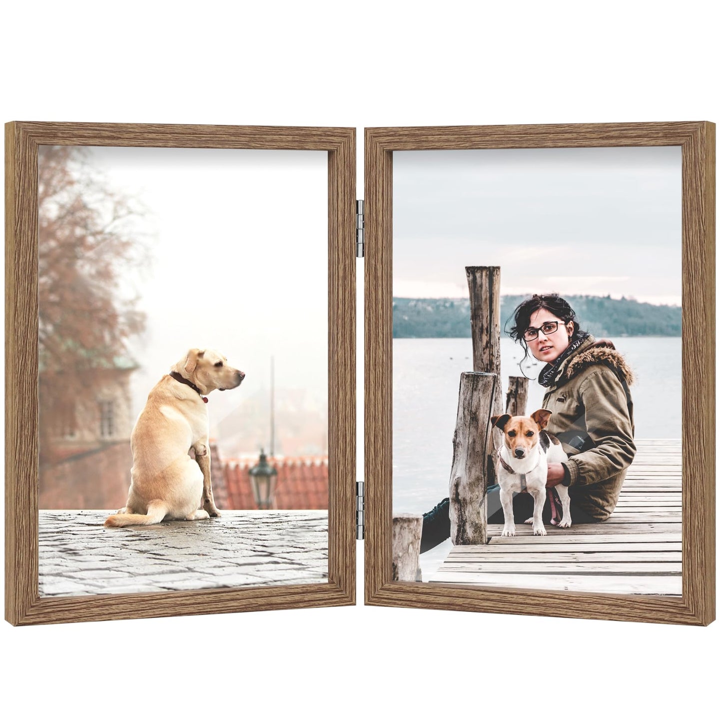 FOREV 4x6 Double Picture Frame Wooden Hinged Photo Frame Definition Glass Stand Vertically on Desktop or Tabletop