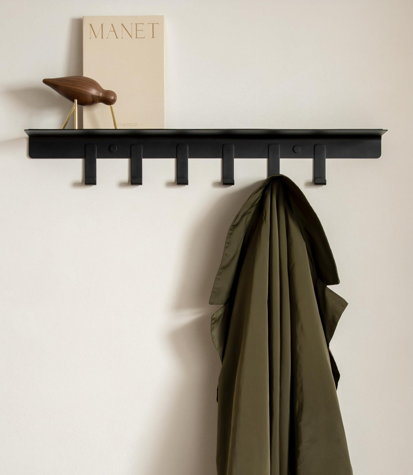 Kazai. Coat Rack Wall Mount with Shelf 'Holmsen' | Coat Rack with Shelf for Storage and Display | Wall Hooks for Hanging Clothes and Purses | Modern Entryway Hangers in Metal | Black