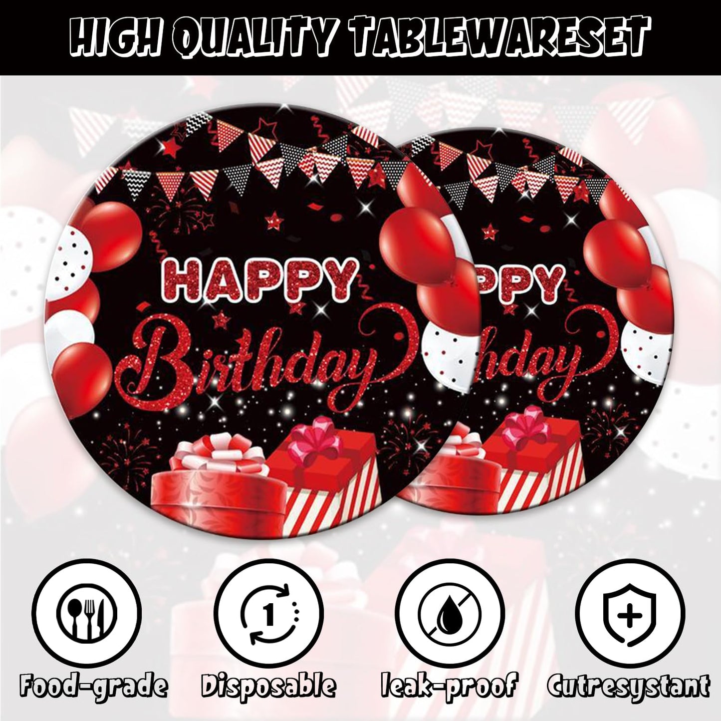 142Pcs Red and Black Birthday Party Tableware Set Inculde Plates Napkins Knives Forks Spoons Cups Banner and Tablecover Red and Black Birthday Party Decorations Supplies Serve 20