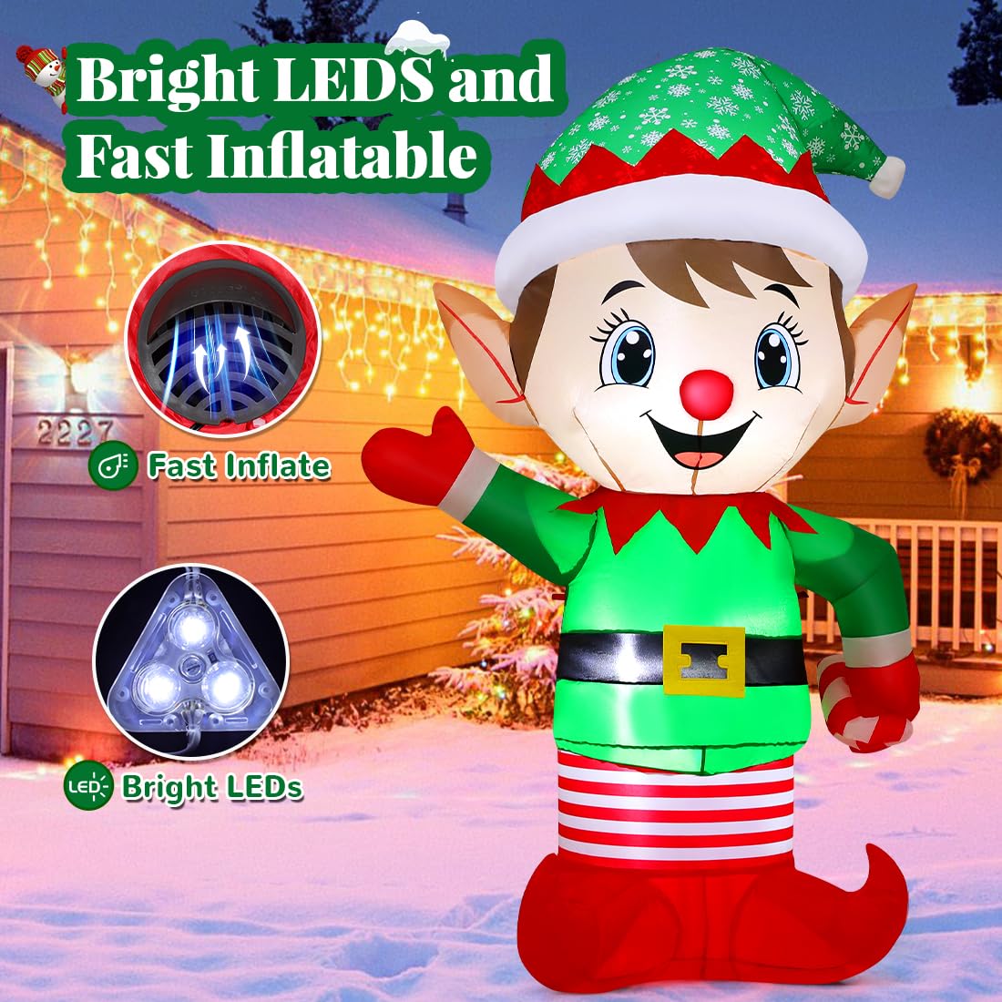 GOOSH 5.4 FT Christmas Inflatables Elf Decoration Blow Up Outdoor Christmas Built-in LEDs for Xmas Holiday Indoor Party Garden Lawn Yard Decor