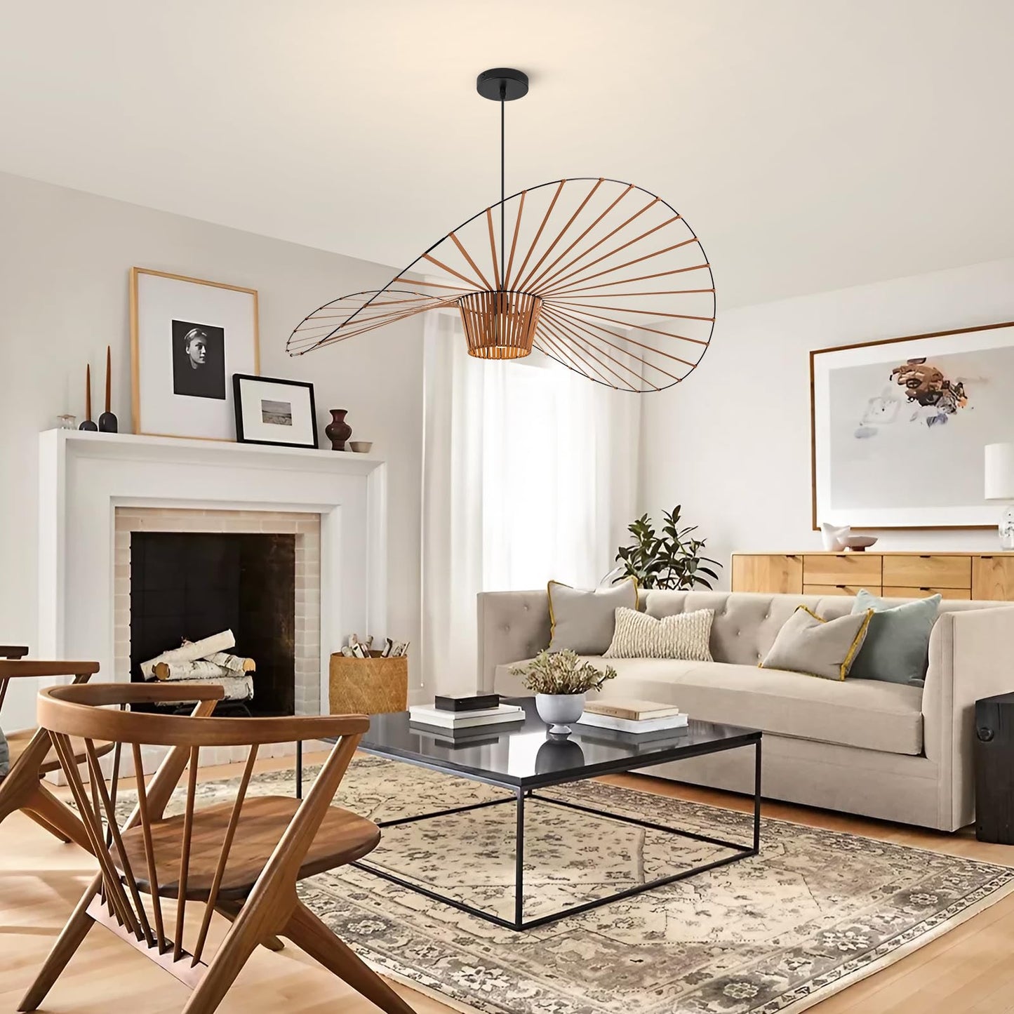 Brown Woven Chandelier, D39" Creative Straw Hat Shape Pendant Light Fixtures, Stretch Fabric+Fiberglass Material, Modern Boho Large Chandeliers, Suitable for Living Room, Bedroom, Dining Room, Office