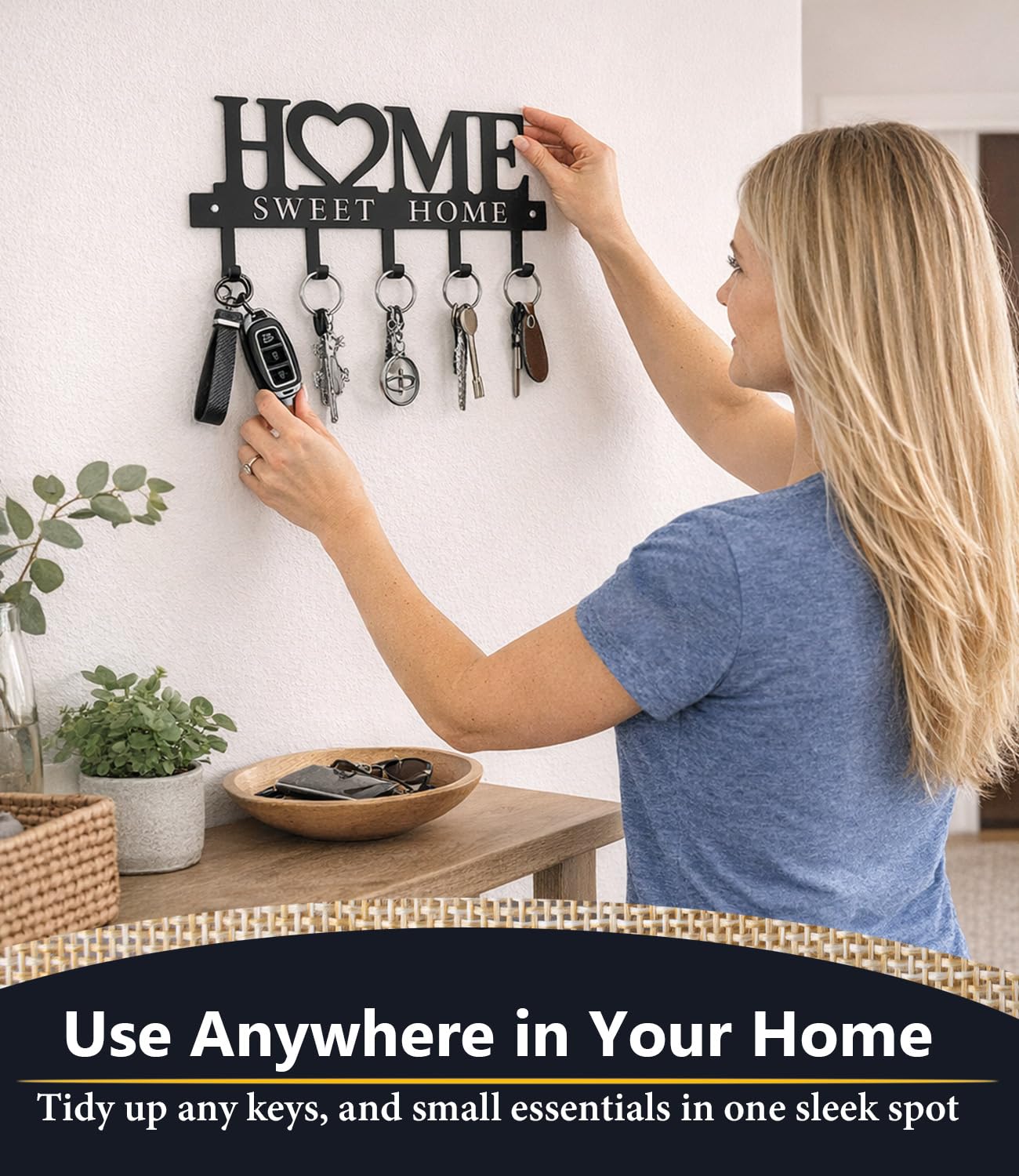 Key Holder Hooks Organizer Hanger Rack Wall Mounted Sweet Home Metal Decor Stylish and Practical for Entryway Front Door Kitchen Hallway Garage Mudroom Office 9.8inches/25cm Hardward Included Black