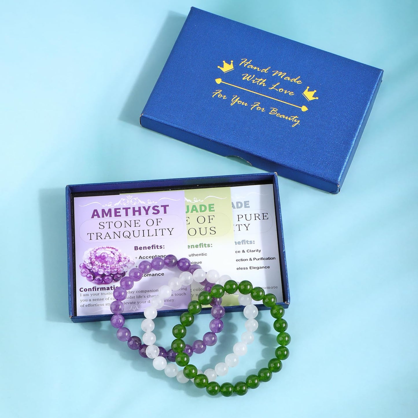 NCB 3-Piece 8mm Natural Crystal Gemstone Stretch Bracelets – ﻿Amethyst, Green Jade, White Jade Handmade Reiki Energy Healing Jewelry for Meditation,Yoga, Unisex