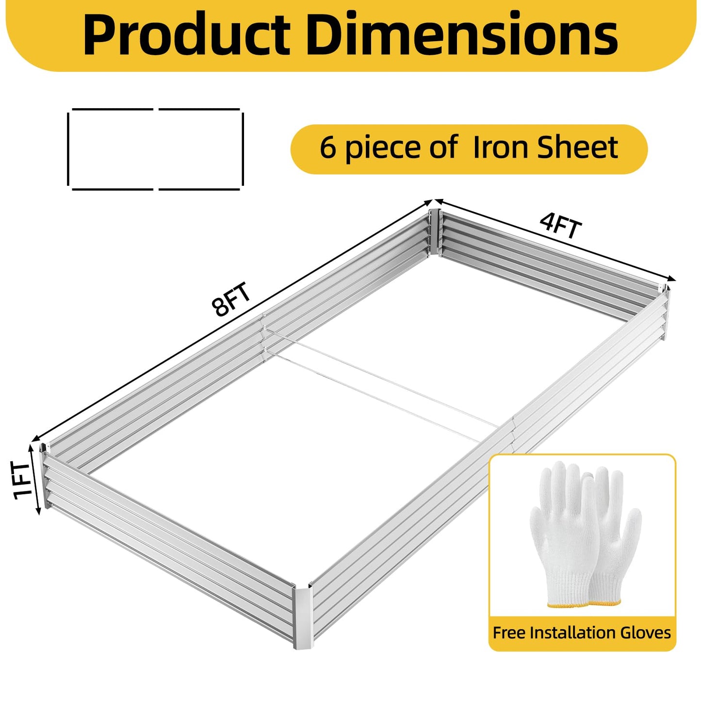 SUPERLELE 8x4x1ft Galvanized Raised Garden Bed, Thickened Metal Planter Box for Outdoor Vegetables & Flowers, Silver Large Garden Bed Kit, 96" L x 48" W x 12" H