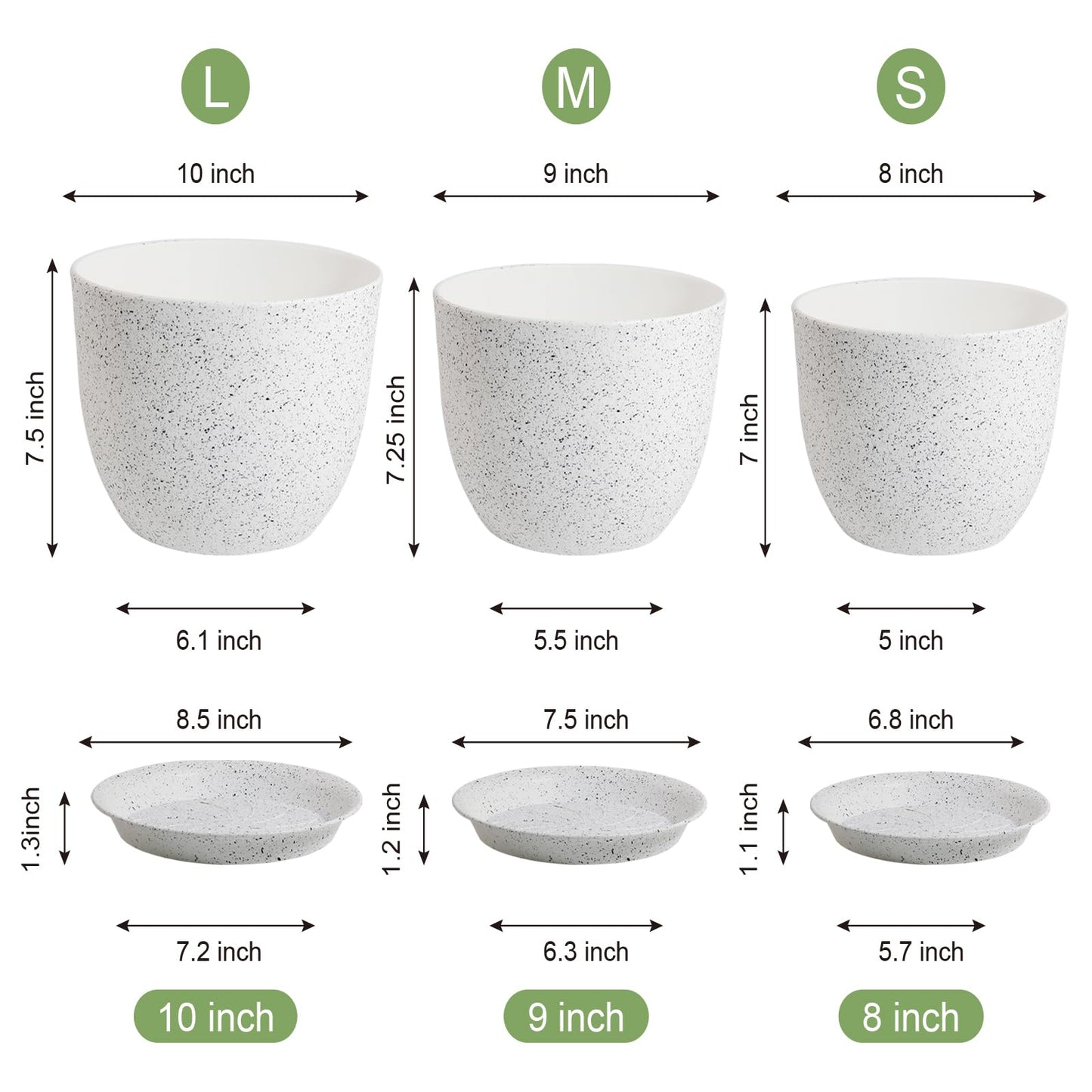 WSMKSZ 10/9/8 inch Medium Plant Pots, Set of 3 Modern Decorative Plastic Planters with Drainage Holes and Saucers for Garden House Plants, Flower Pots for Indoor Outdoor Plants, Speckled White