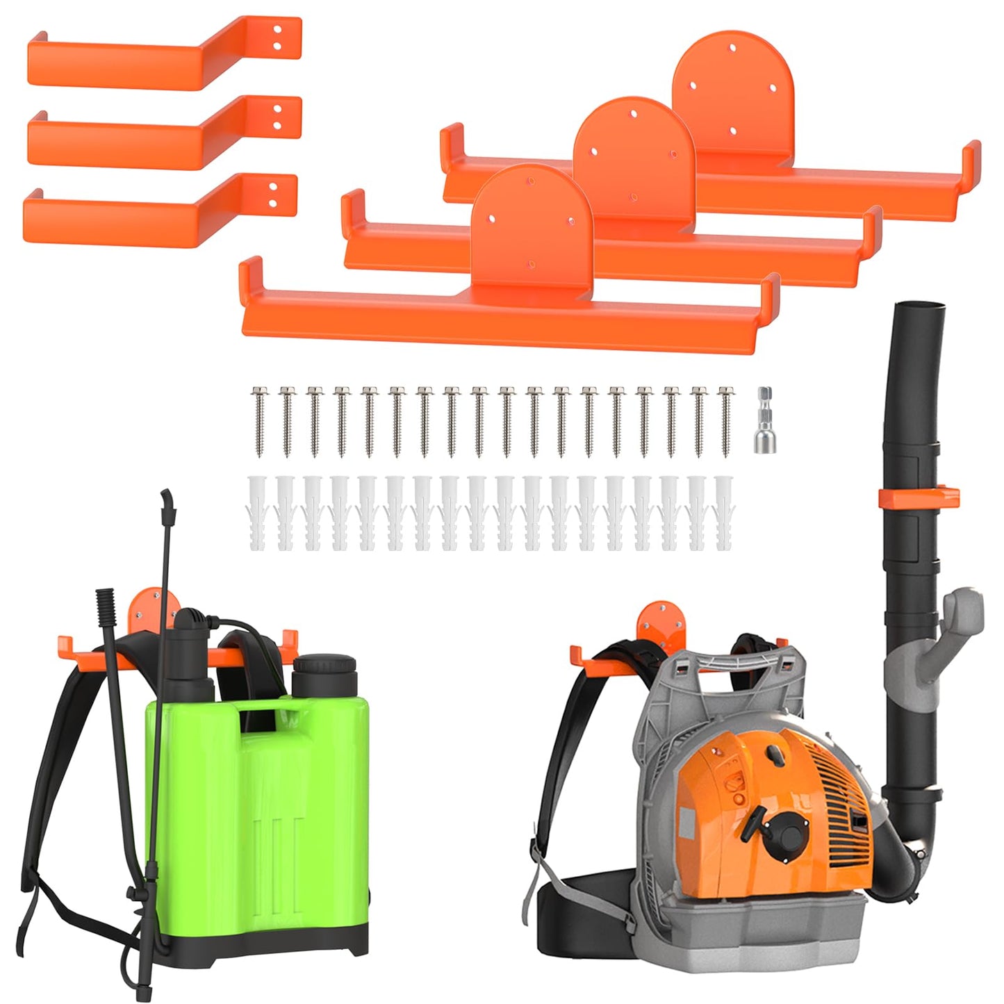 ZSLTLDU 3 Pack Backpack Blower Rack, Heavy Duty Anti-Scratch Leaf Blower Hanger with Hose Holder, Backpack Sprayer Wall Mount for Garage, Warehouse & Outdoor Tool Storage