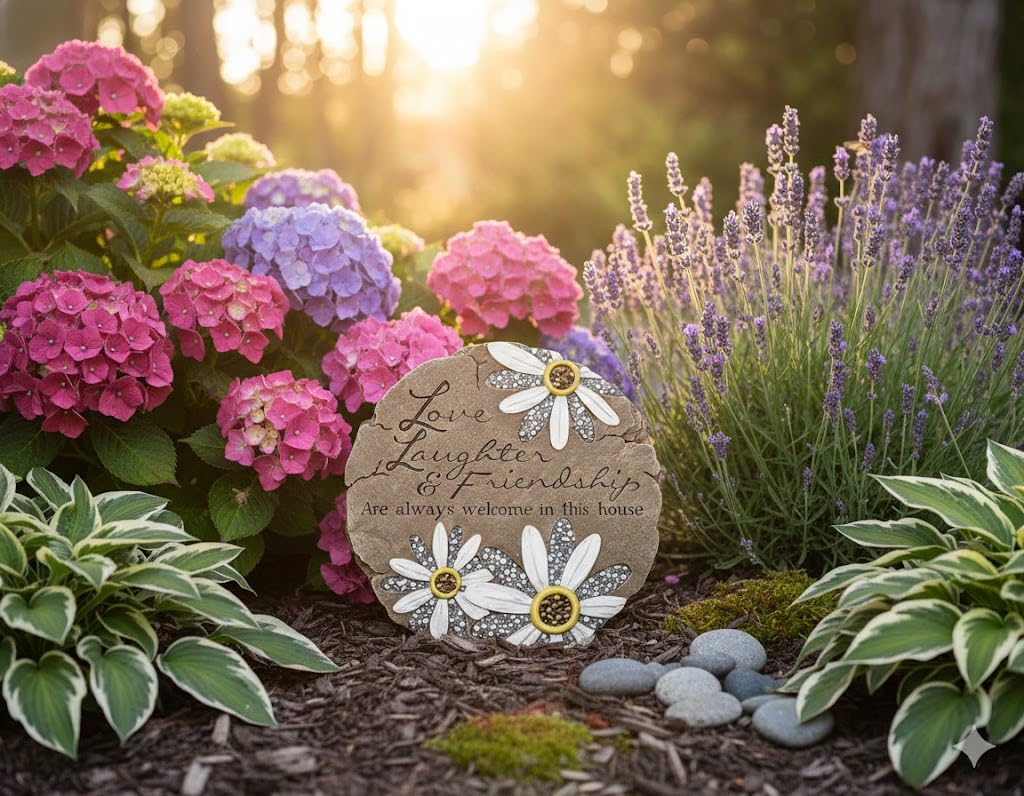 Carson Friendship Garden Stone, Garden Decor Stepping Stones with Beadworks Decorative Home Accent, Daisy, Round, 9 x 9.25 inches