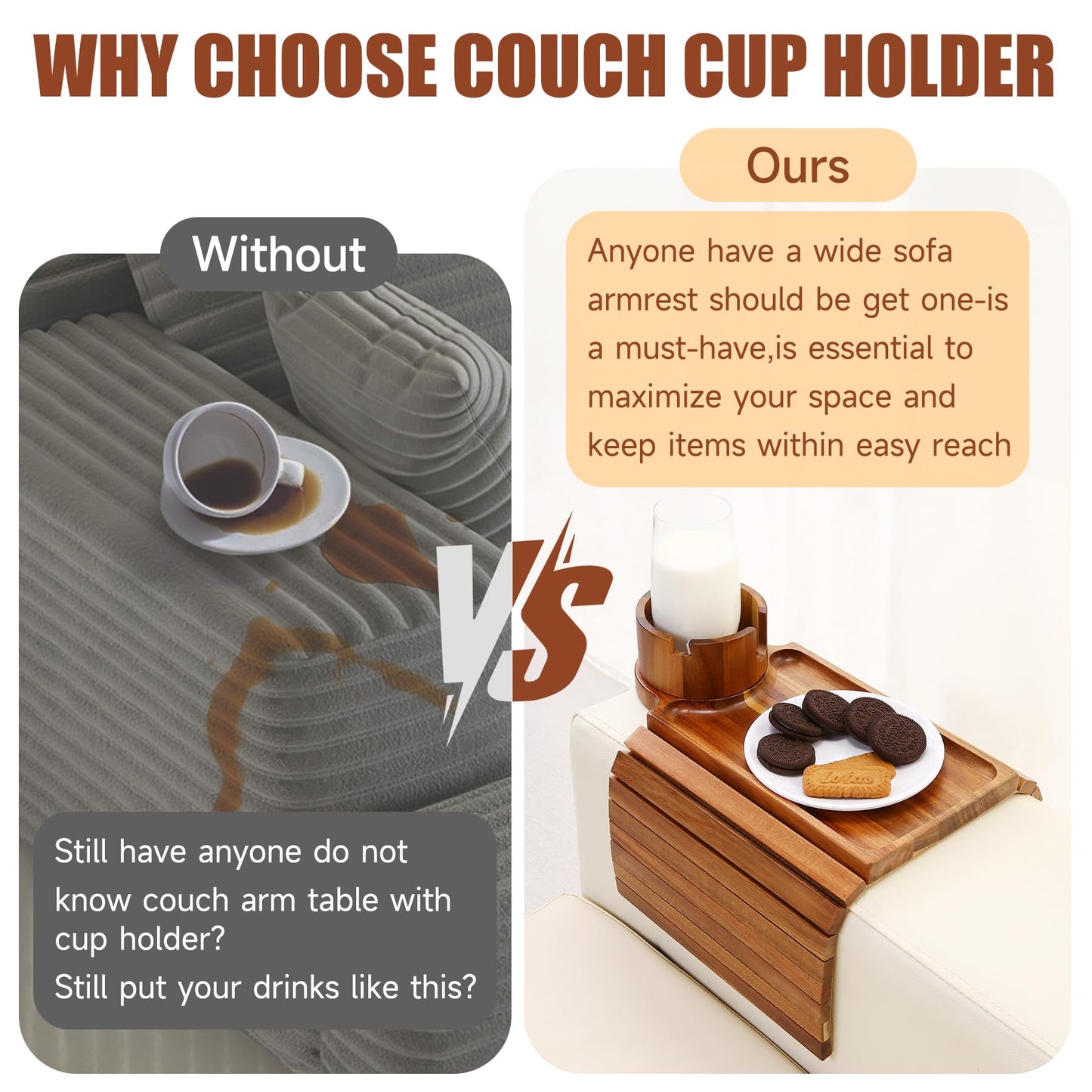 SINWANT Couch Cup Holder Tray,Acacia Wood Sofa Arm Clip on Tray Table with 360° Rotation Cup Holder,Foldable Anti-Slip Couch Armrest Table for Coffee Mug,Water Bottles,Snacks,Remote on Large Armrest