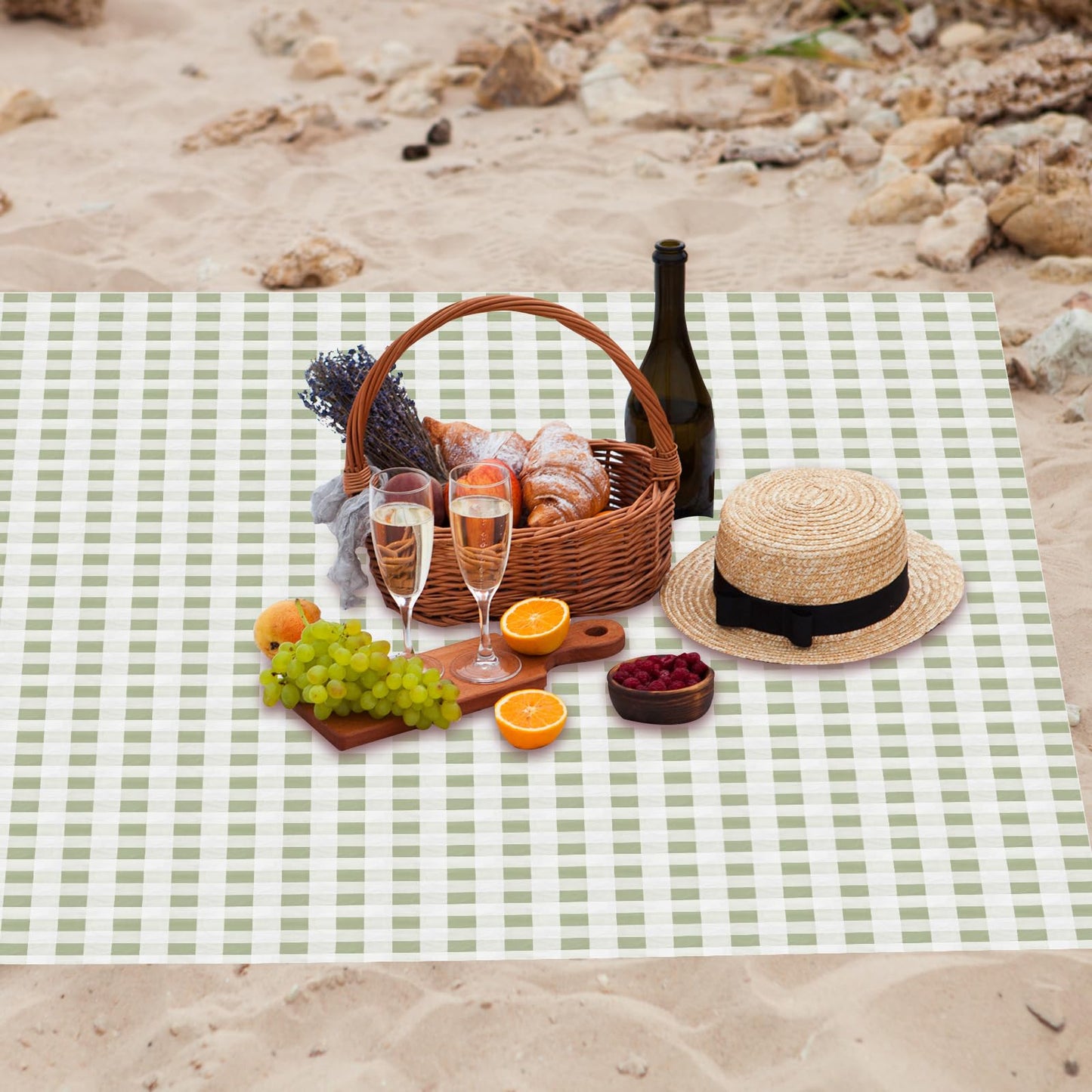 HunnmingRe 6 Pcs Disposable Outdoor Picnic Blankets 71''x71'' Thicken Foldable Waterproof Picnic Mats Gingham Oil Proof Camping Blankets with 4 Ground Spikes Beach Travel Hiking(Green and White)
