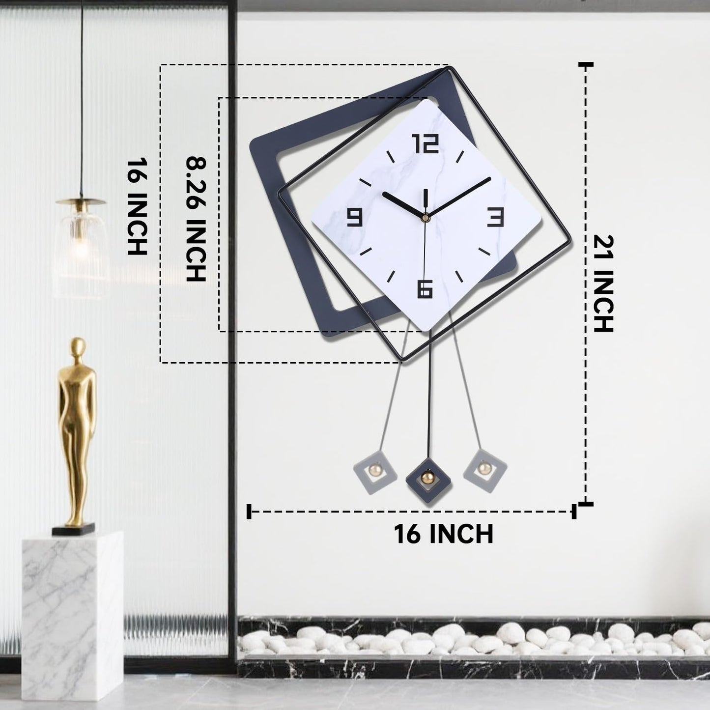 Wall Clock with Pendulum, Silent Quality Quartz Battery Operated, Metal Modern Large Wall Clocks for Living Room Kitchen Home Bathroom Bedroom Wall Decor,16x21inch(Black)