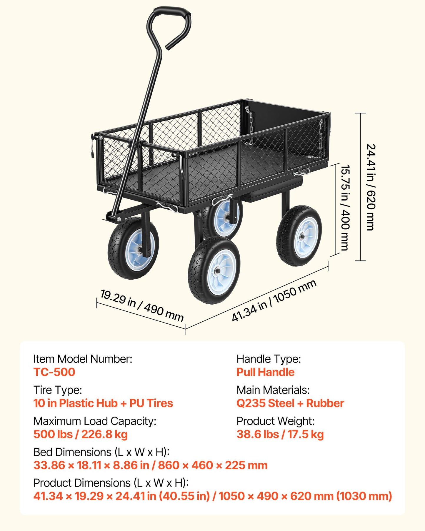 VEVOR 500 LBS Steel Garden Cart with Work Seat, Heavy Duty Garden Wagon Cart on Wheels, Outdoor Metal Utility Yard Wagon Gardening Stool with 10inch Flat Free Tires, Tool Tray & Adjustable Handle