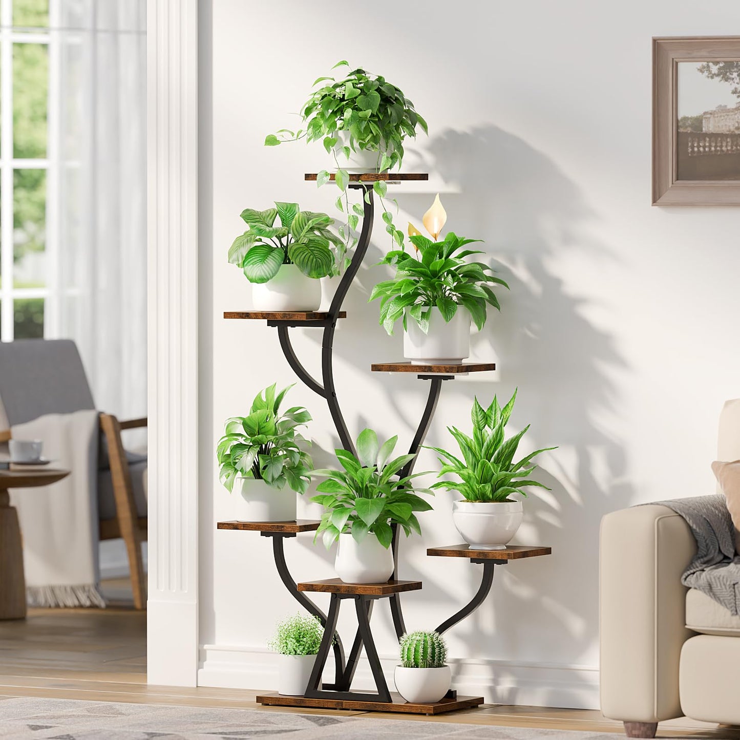 Plant Stand Indoor with Grow Lights, 7 Tiered Indoor Plant Shelf, Corner Plant Stands for Indoor Plants, Metal Plant Shelf Flower Display, Seaweed-Shaped Plant Rack for Living Room, Patio, Black