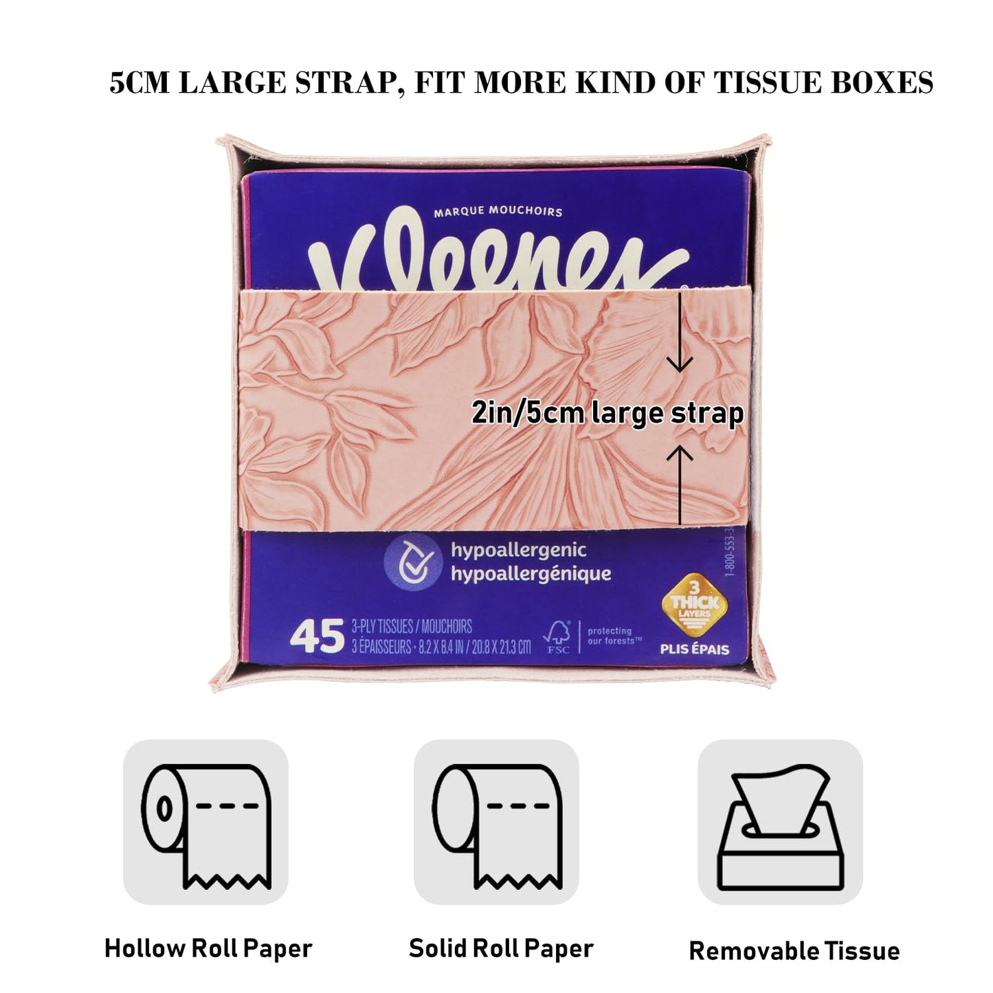 Tissue Box Holder Cover Square Tissue Cube Cover PU Leather Tissue Organizer with Bottom Belt for Bathroom, Tabletop, Kitchen, Night Stands, Office, Home, Car (1, RosyPink)