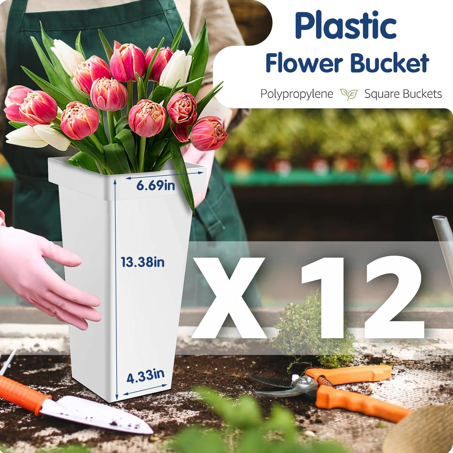 Heavy Duty Flower Cart Display Stand with Large Wheels and Handles, Metal Flower Plant Stand with 12 Buckets, Moving Flower Bouquet Holder for Farmers Market Stand, Flower Bar Supplies for Patio Garden Florist Wedding (White, L33.4*W31.4*H*40.5in)