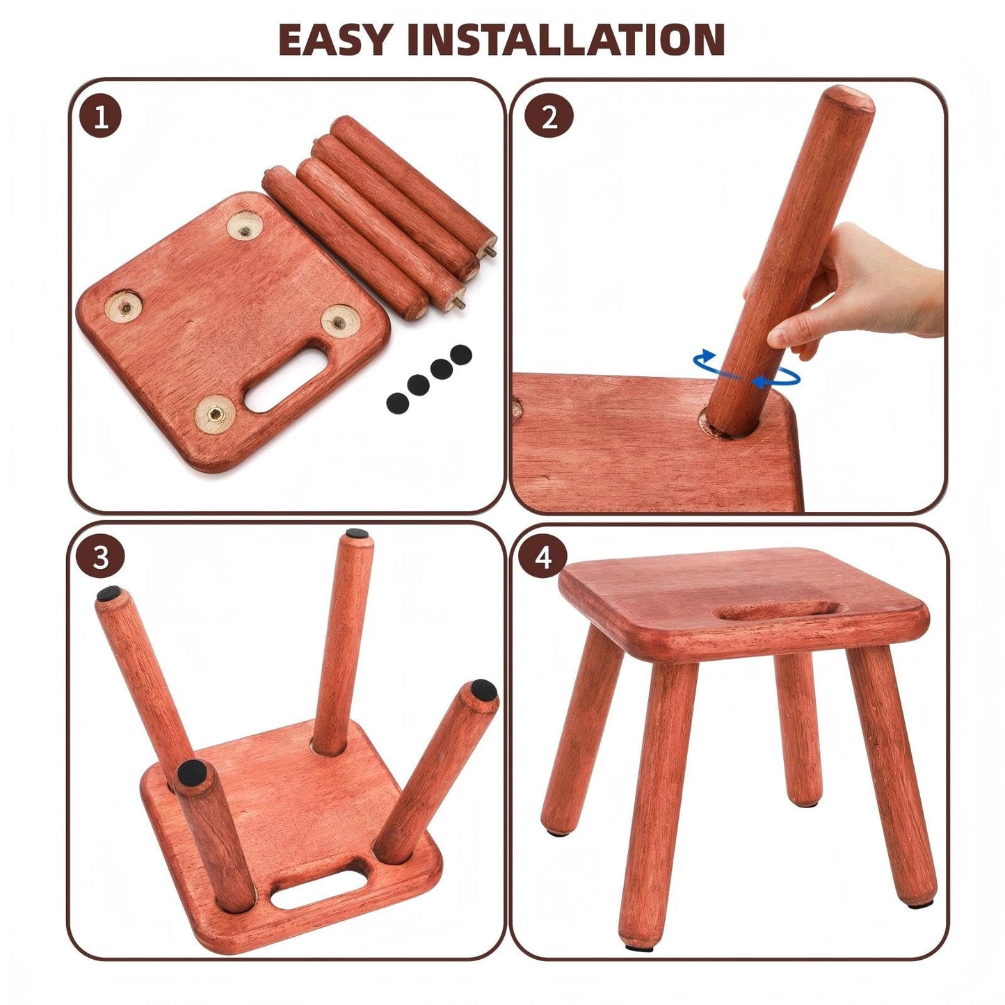 Mezchi 9'' Small Wooden Step Stool with Handle, Non-Slip One Step Stool, Square Portable Footstool, Solid Wood Sitting Stool for Plant, Adult, Kids, Bathroom, Bedroom, Walnut Color