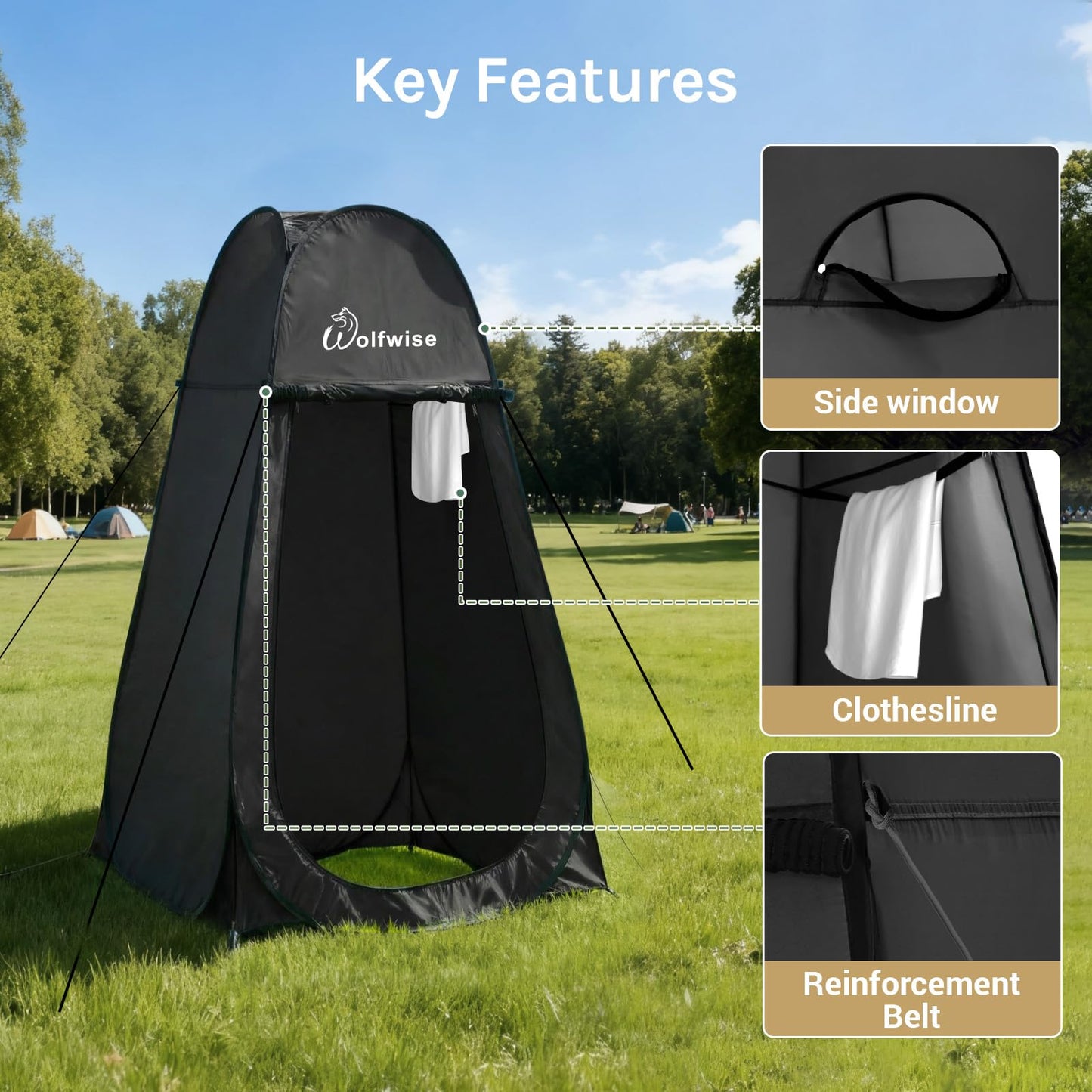 Wolfwise Pop Up Shower Tent for Camping, Portable Instant Changing Tent with Ventilation Window & Carry Bag, Privacy Bathroom Toilet for Beach & Outdoor, Standard, Width 40 ", Height 75 ", Black