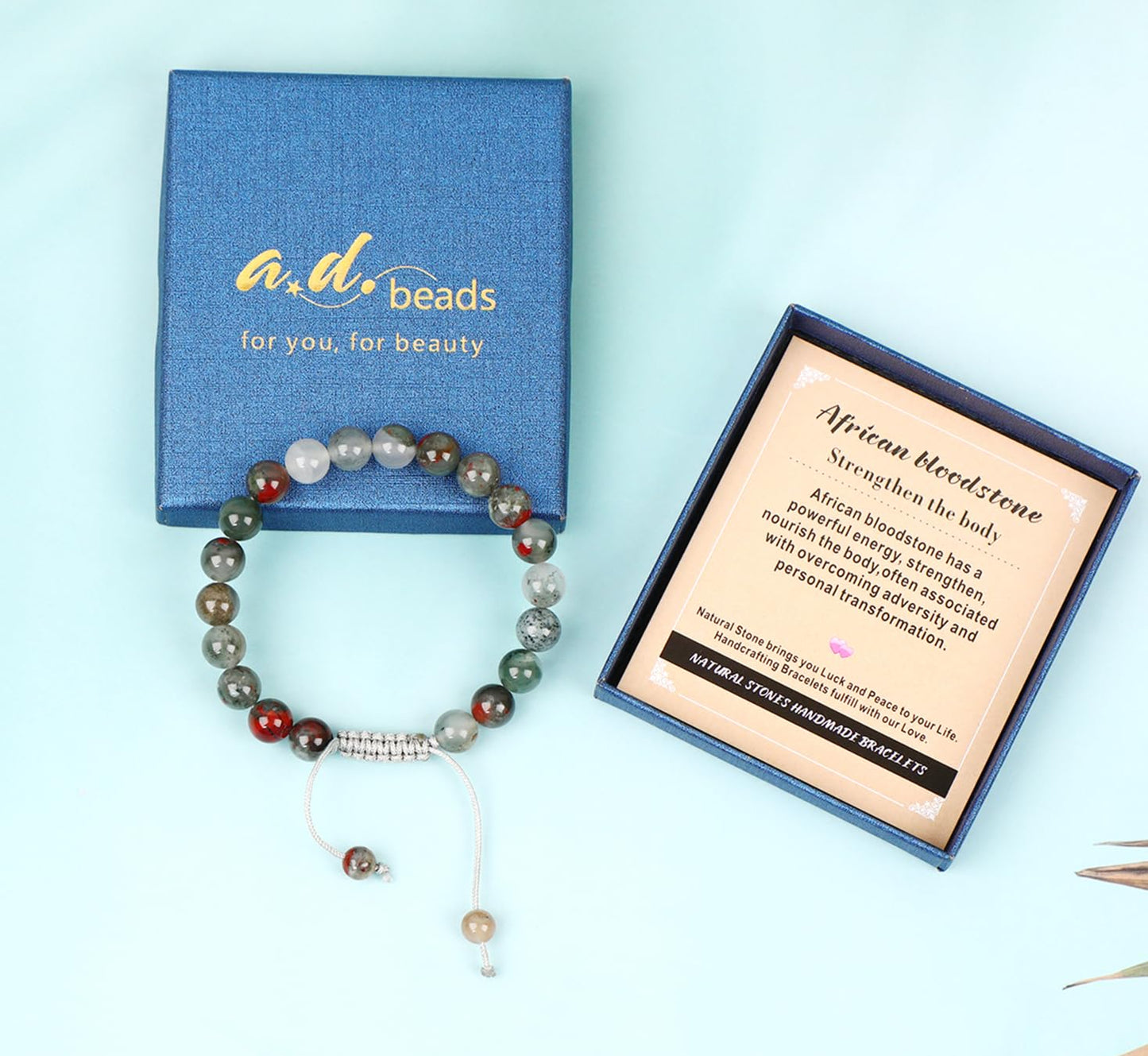 AD Beads 8mm African bloodstone - Strengthen the body - Handmade Natural Stone Crystal Bracelet with Adjustable Macrame String - Yoga Healing Power Energy Gifts for Men and Women