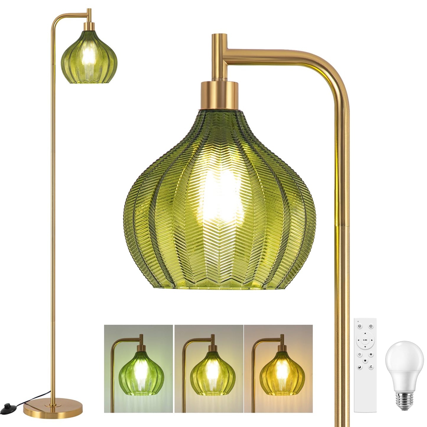 EIDISUNY Floor Lamp for Living Room, Modern Standing Lamp with Remote, Dimmable, 3CCT, Arc Tall Floor Lamp with Green Glass Lampshade for Bedroom Study Room Office (Bulb Included)