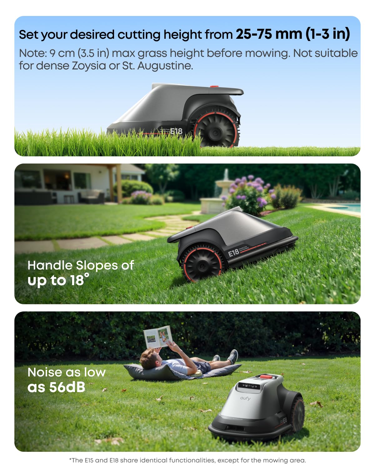 eufy E18 Robot Lawn Mower, Max 0.3 Acres, Vision Navigation, Hands-Free Auto Mapping, Wire Free RTK Free, Multi-Zone Management, AI Obstacle Avoidance, APP Control, 18° Slope, Cut Height 1"-3"