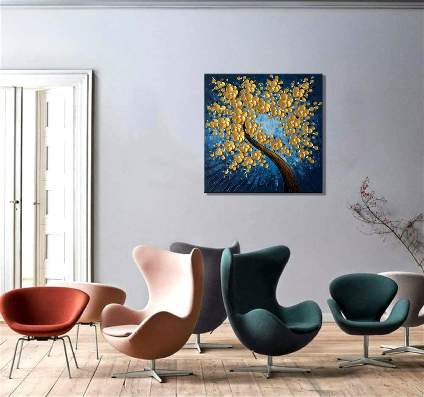 zoinart Hand Paintings 3D Flower Canvas Wall Art 24x24 Inches Abstract Gold Floral Paintings Modern Contemporary Texture Wall Art Tree Blue Artwork for Home Decorations