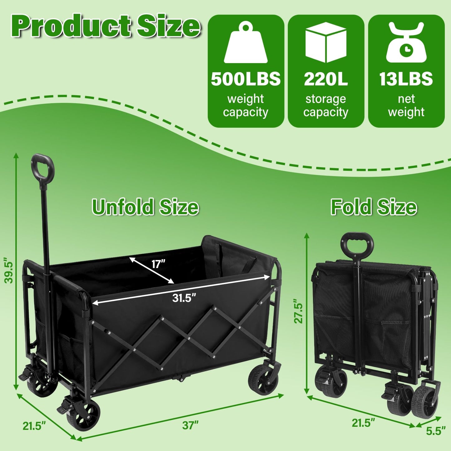 Wagon Cart Foldable,500Lbs Collapsible Wagon Cart with Wheels Portable, All Terrain Outdoor Utility Carts for Groceries, Camping, Sports, Garden, Shopping, Black