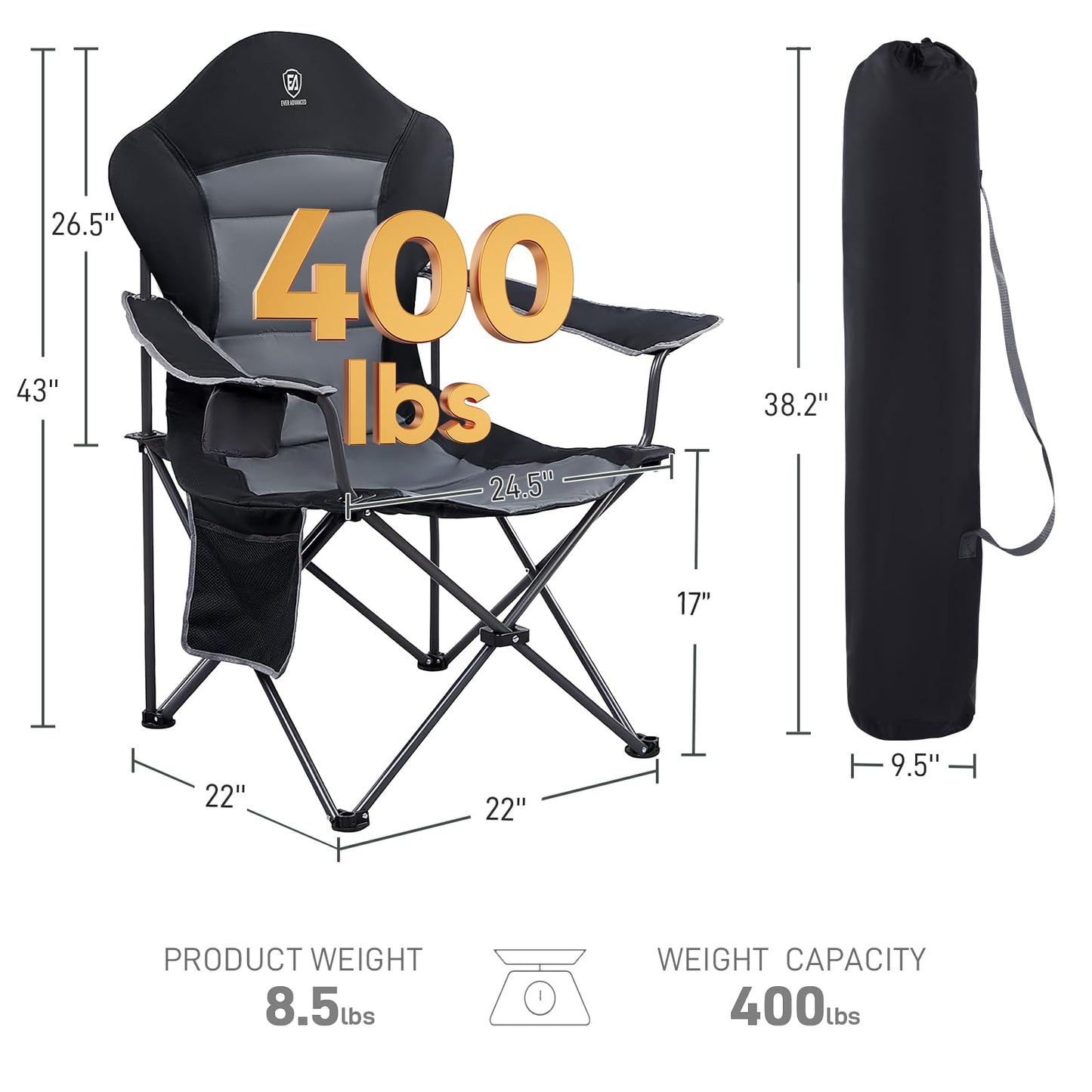 EVER ADVANCED Folding Camping Chair with High Back Padded 2 Pack Oversized Portable Lawn Chairs Lightweight Sturdy Steel Foldable Outdoor Camp Chair for Adults, Black